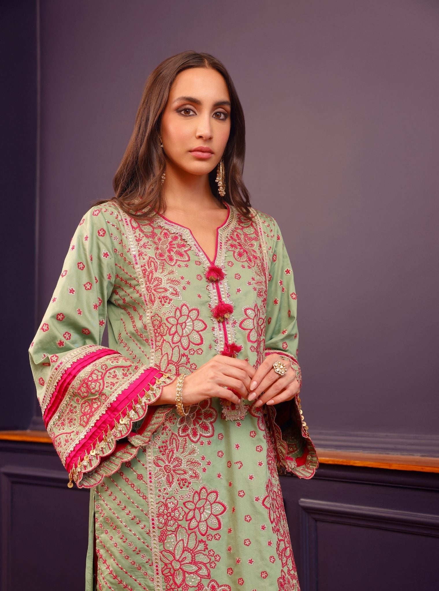 Renu Pima Satin Parrot Green Kurta with Fuchsia Pant Set