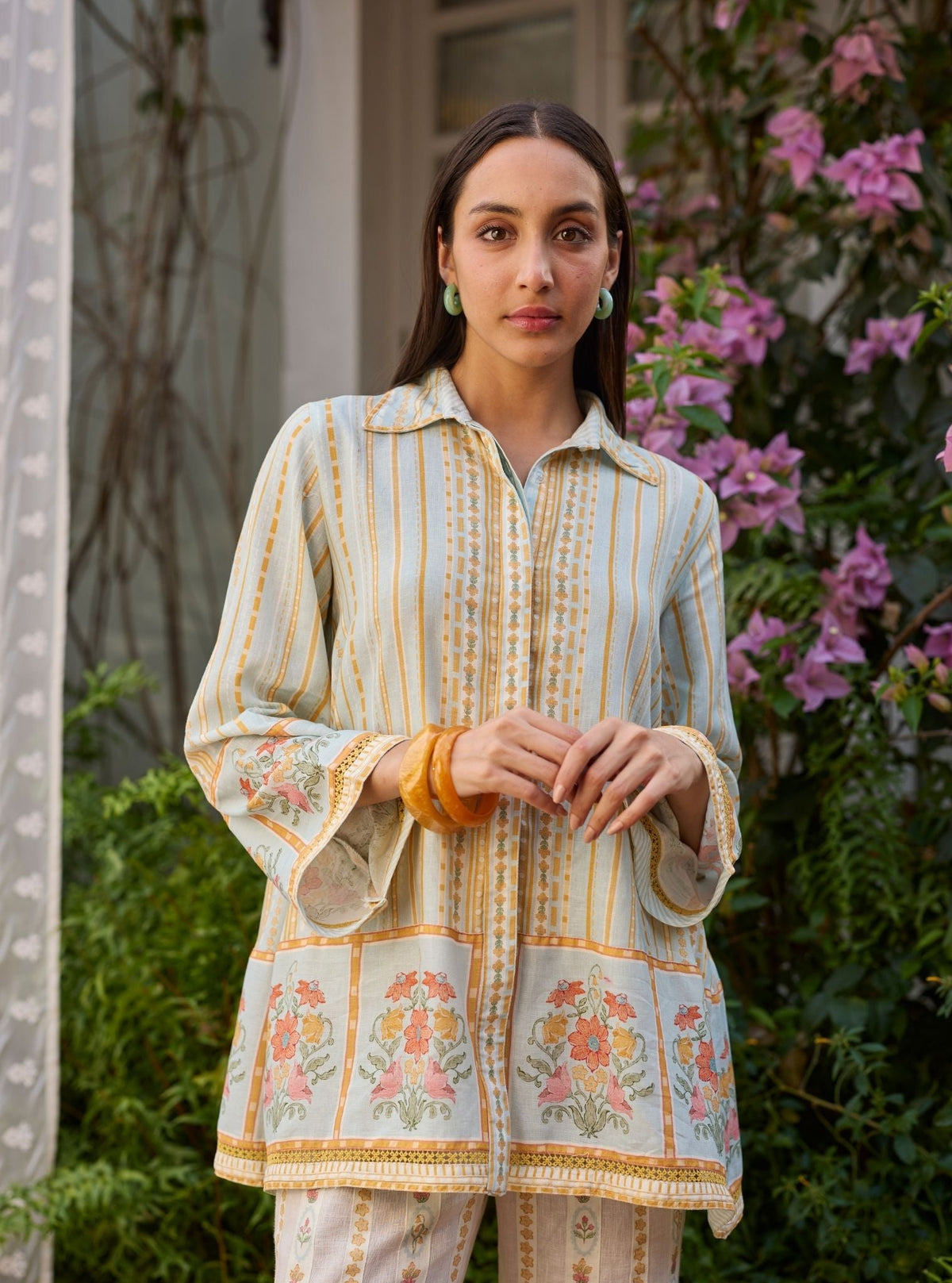 Ela Linen Printed Light Blue Shirt Set