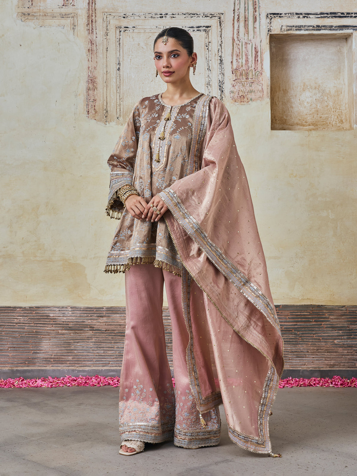Odhira Tissue Organza Brown & Pink Kurta Set