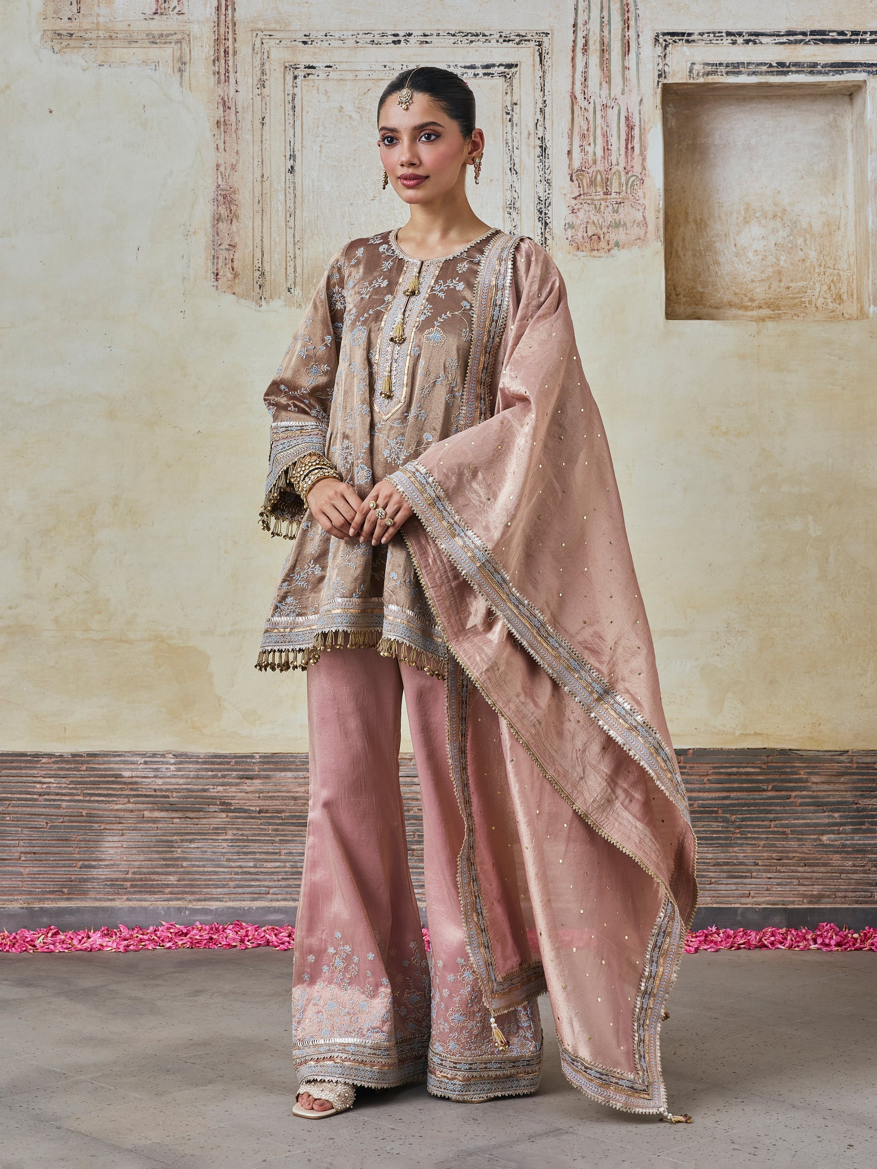 Odhira Tissue Organza Brown & Pink Kurta Set