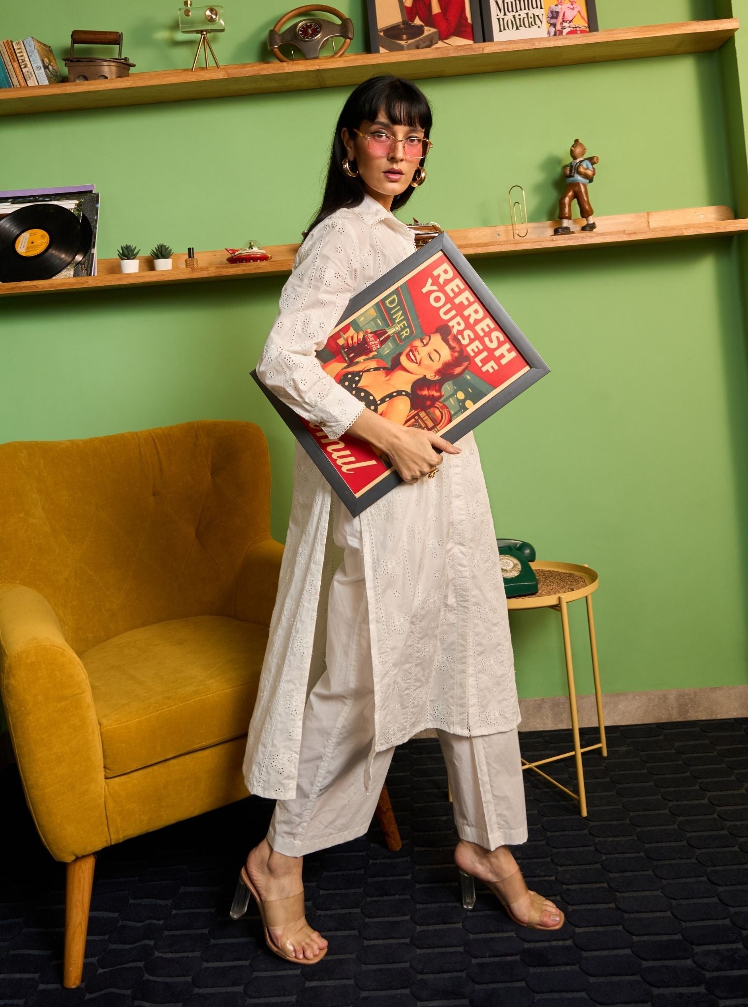 Zareenah Supima Cotton White Kurta Shirt Set