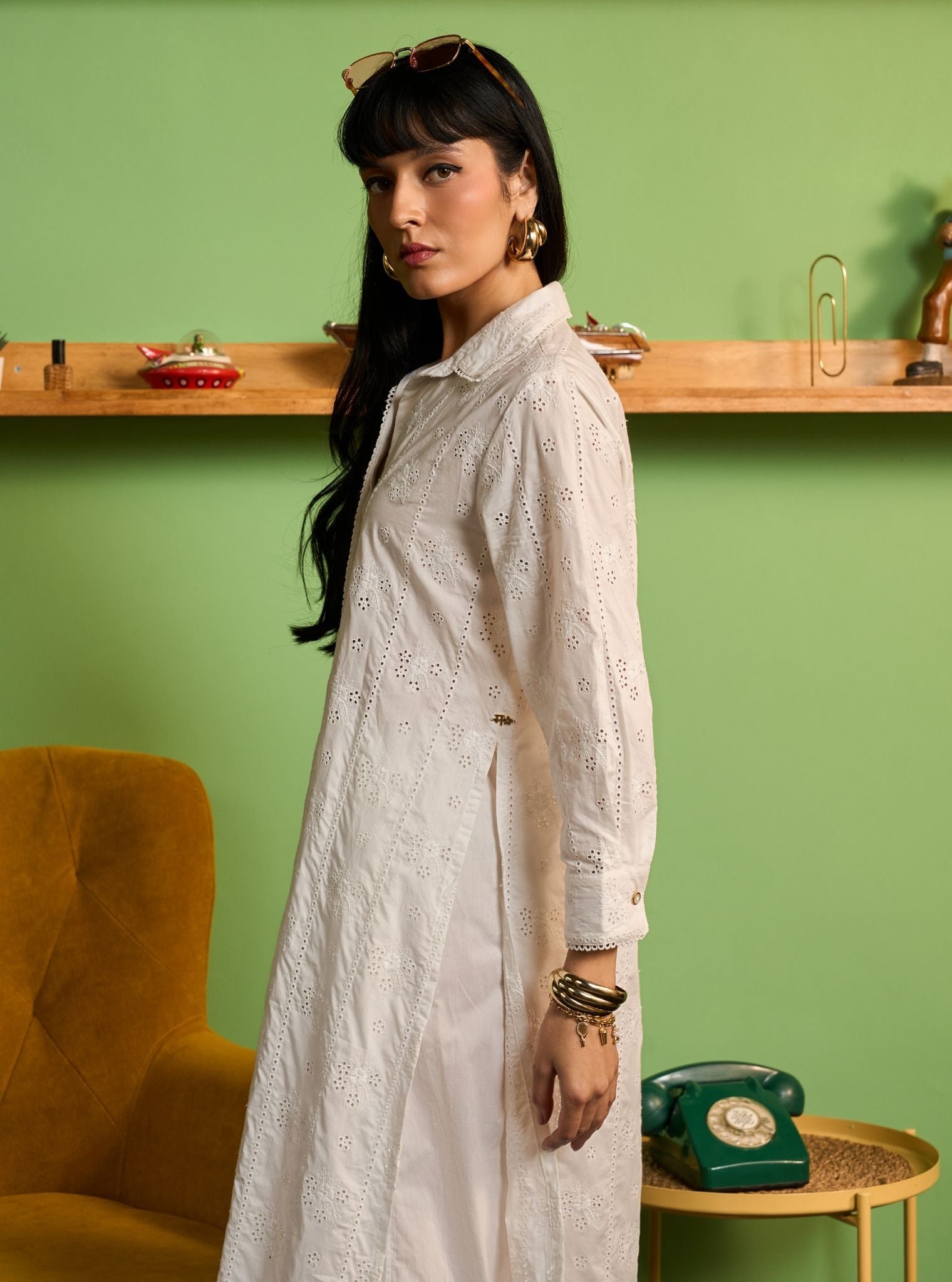 Zareenah Supima Cotton White Kurta Shirt Set