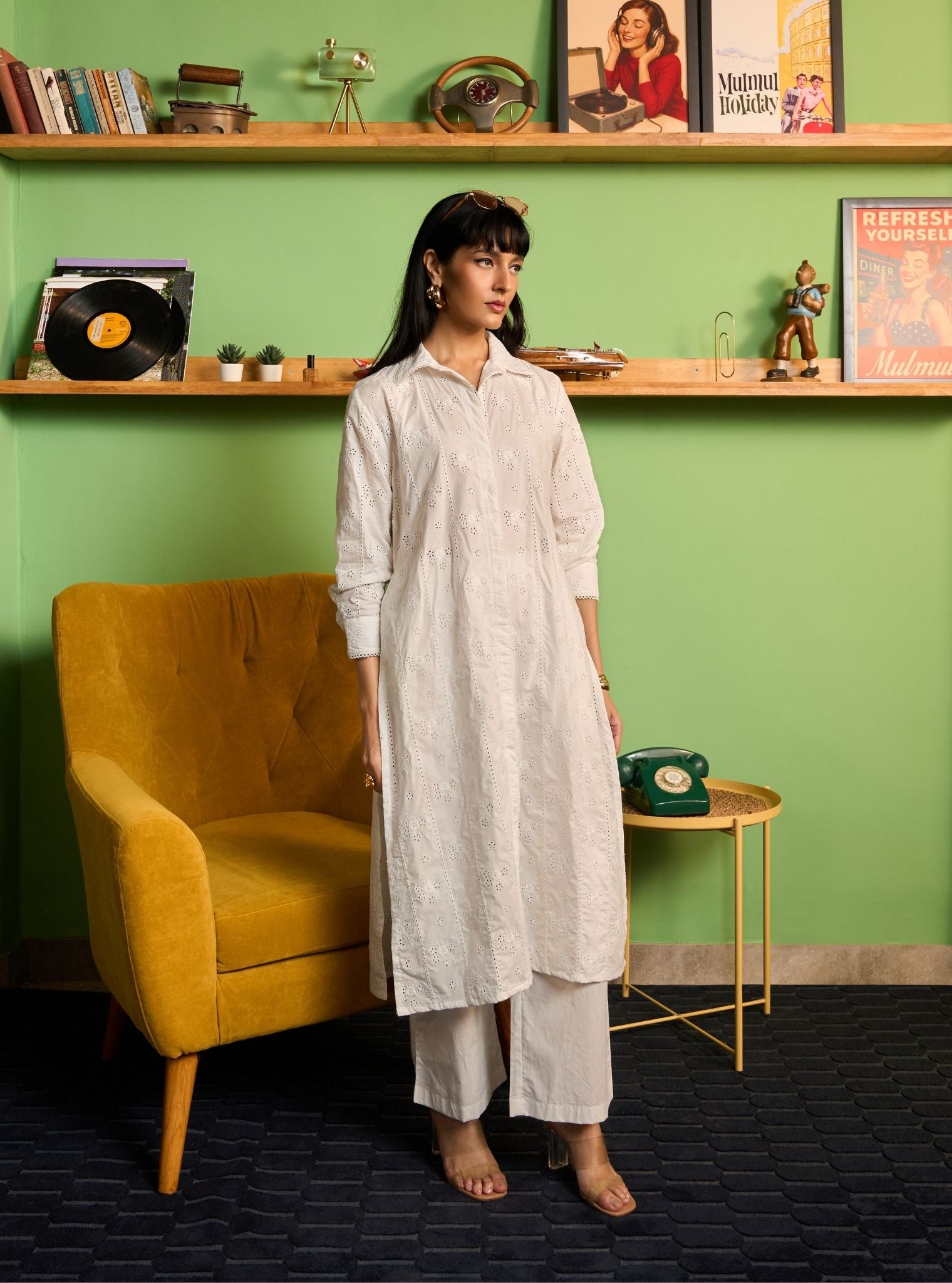 Zareenah Supima Cotton White Long Shirt Co-ord Set