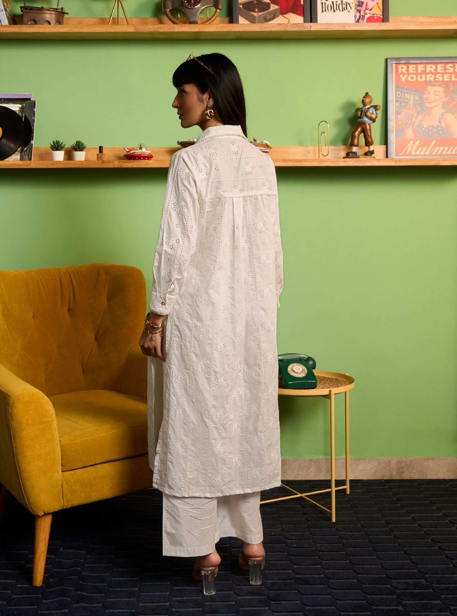 Zareenah Supima Cotton White Long Shirt Co-ord Set