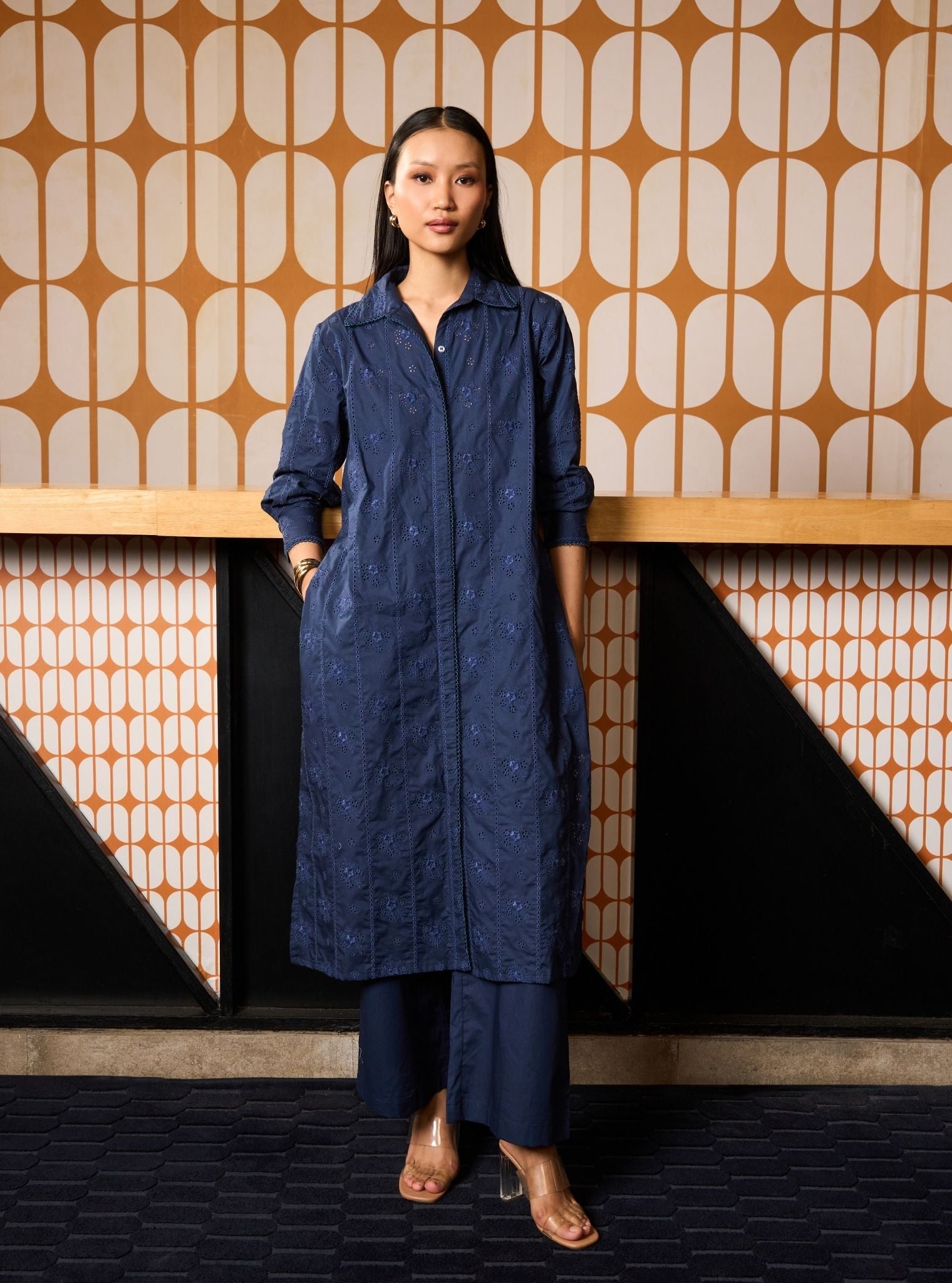 Zareenah Supima Cotton Navy Long Shirt Co-ord Set