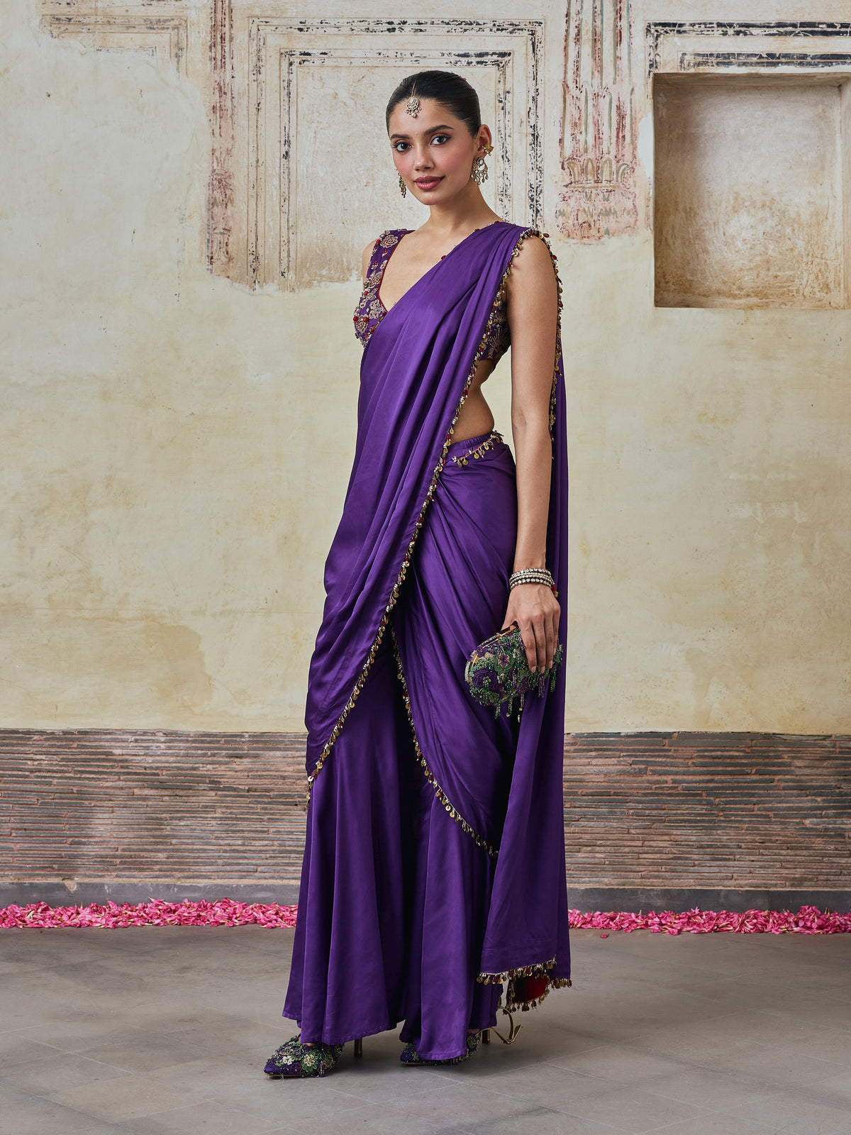 Saawari Cupro Satin Purple Pre-draped Saree