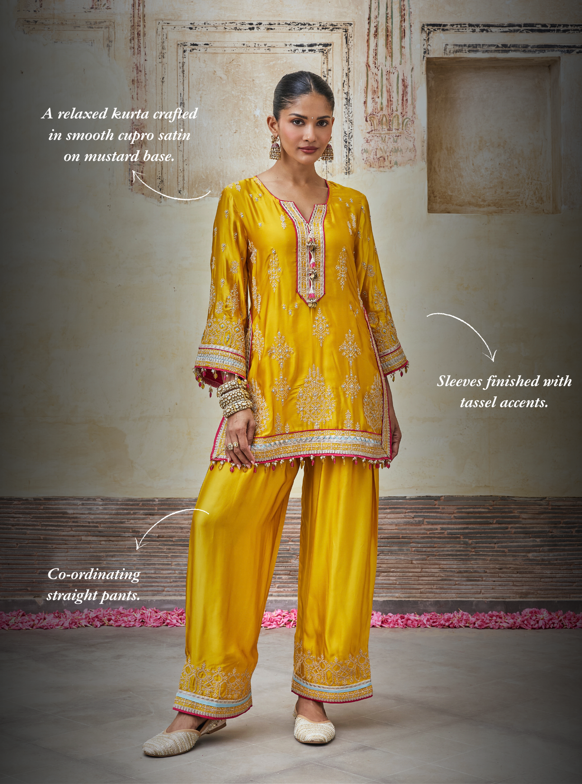 Jaani Cupro Satin Mustard Kurta Set