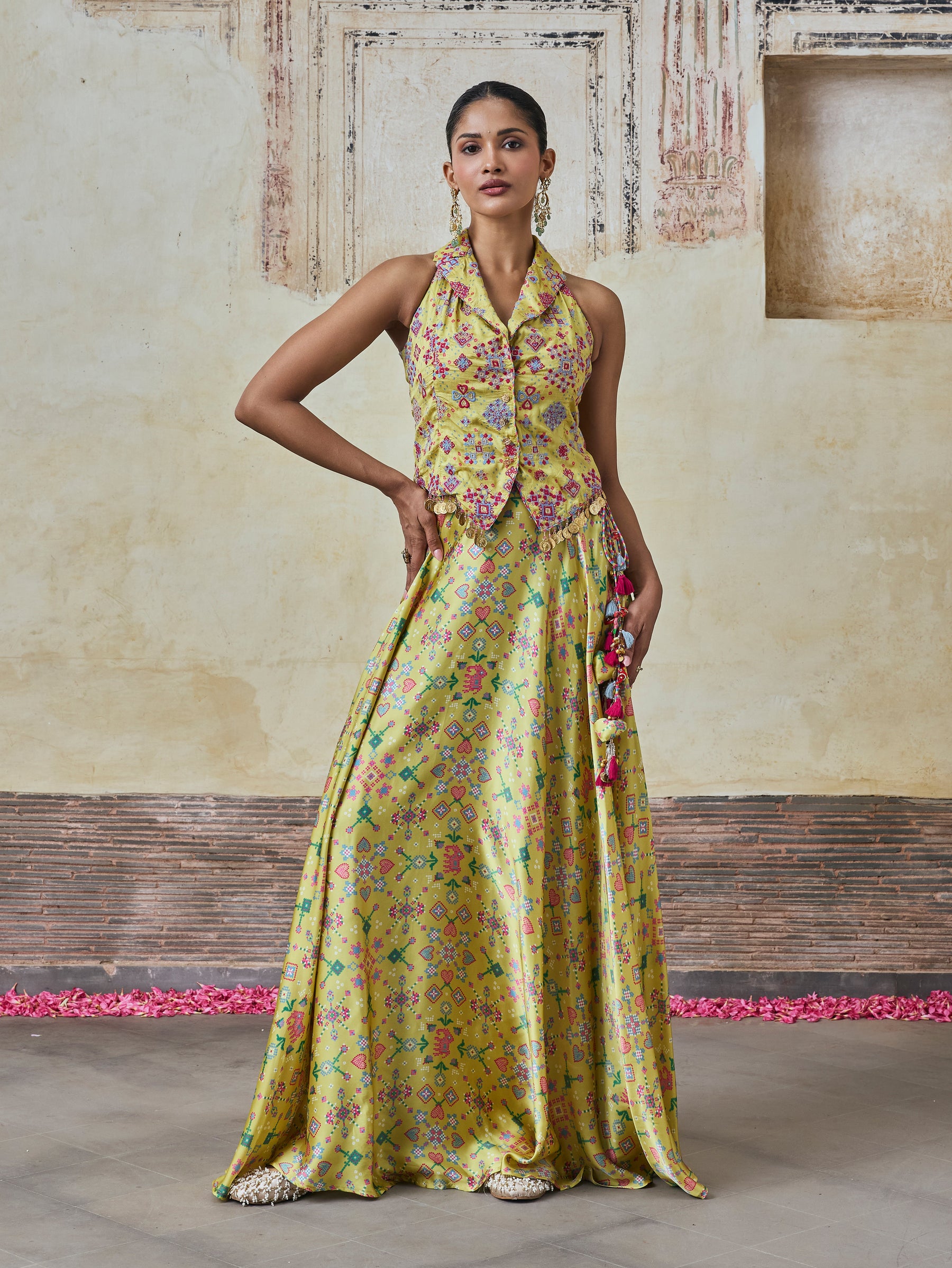 Sarangni Bemberg Raw Silk Printed Lime Waistcoat & Skirt Set