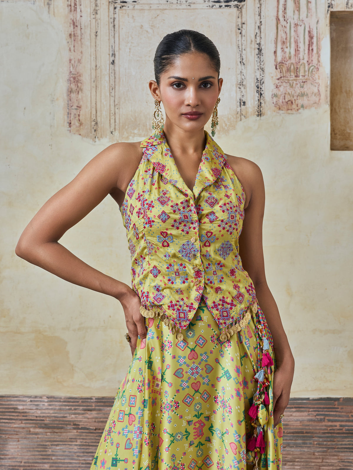 Sarangni Bemberg Raw Silk Printed Lime Waistcoat & Skirt Set