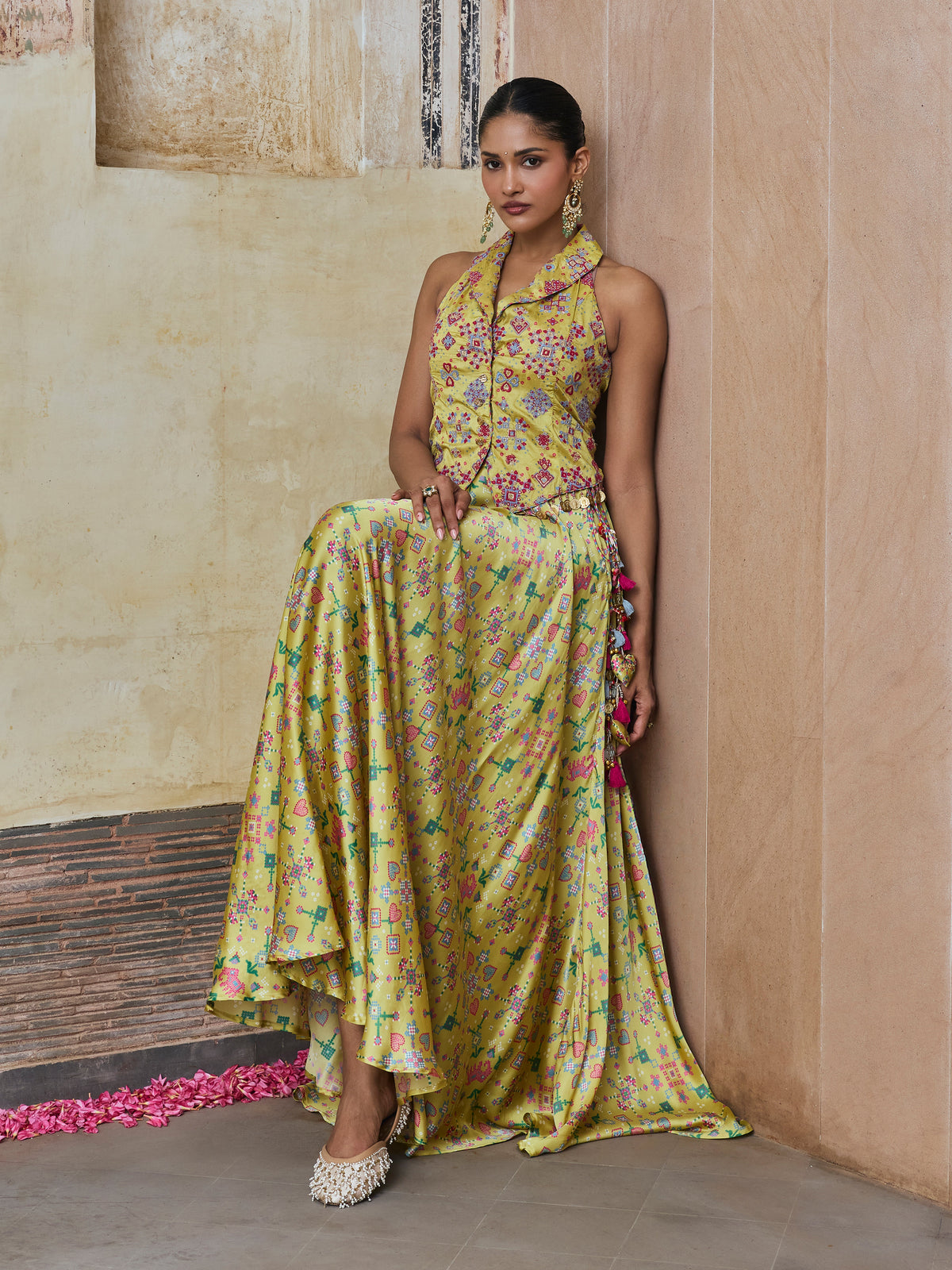 Sarangni Bemberg Raw Silk Printed Lime Waistcoat & Skirt Set