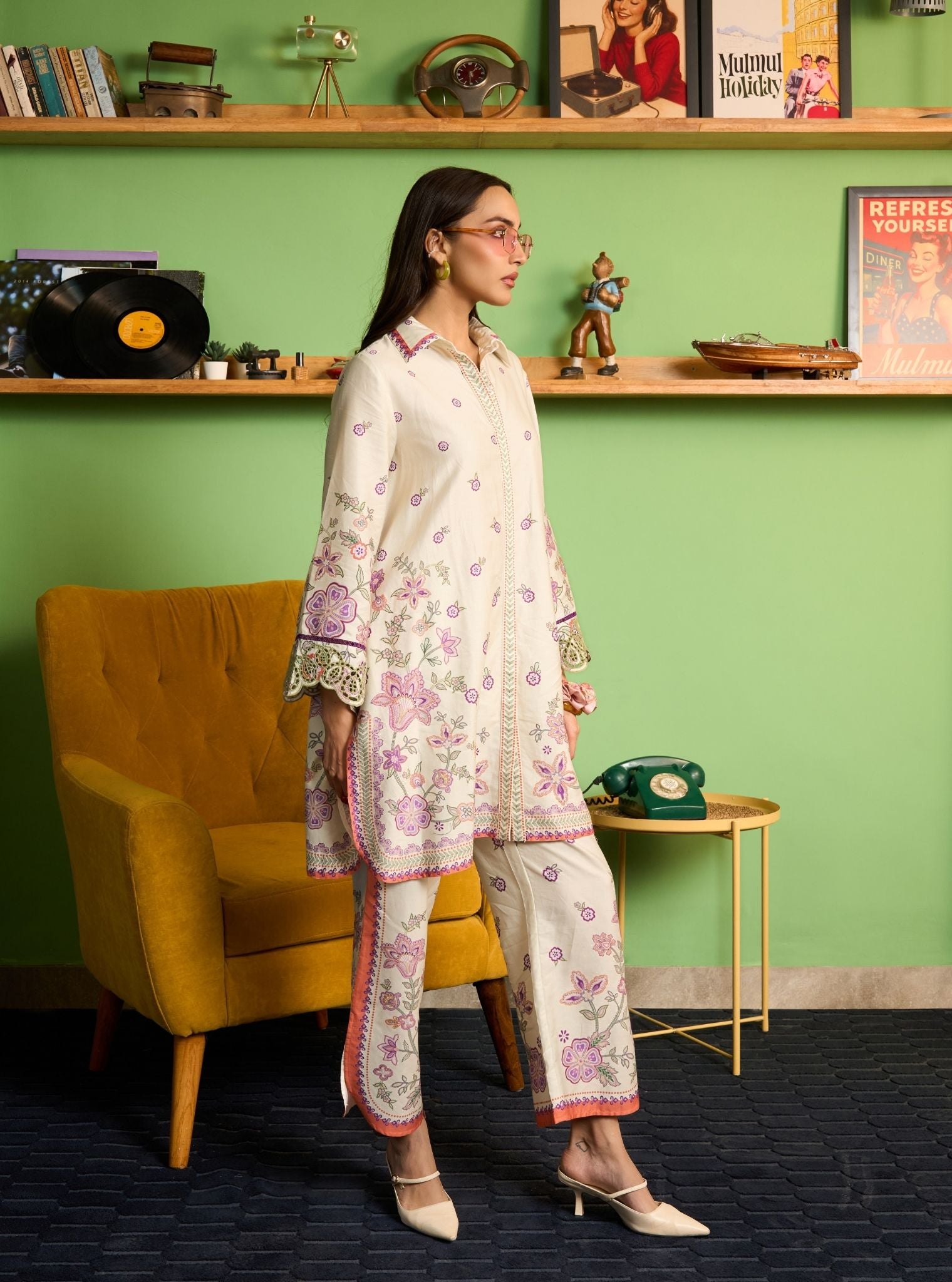 Zavi Pima Satin Off White Printed Kurta Shirt Set