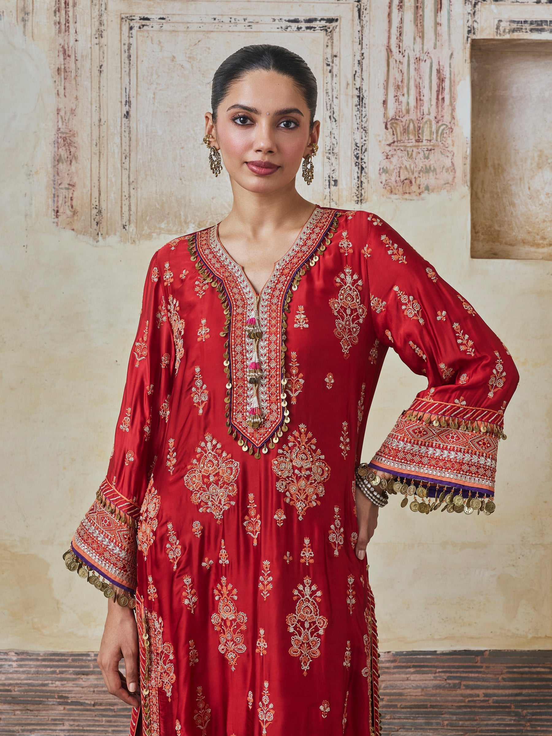 Koyal Cupro Satin Red Kaftan Set