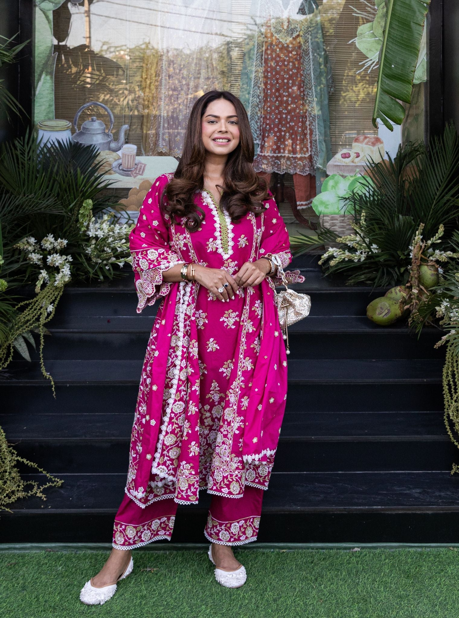 Mulmul Cotton Aavya Fuschia Anarkali Kurta With Mulmul Cotton Aavya Fuschia Pant