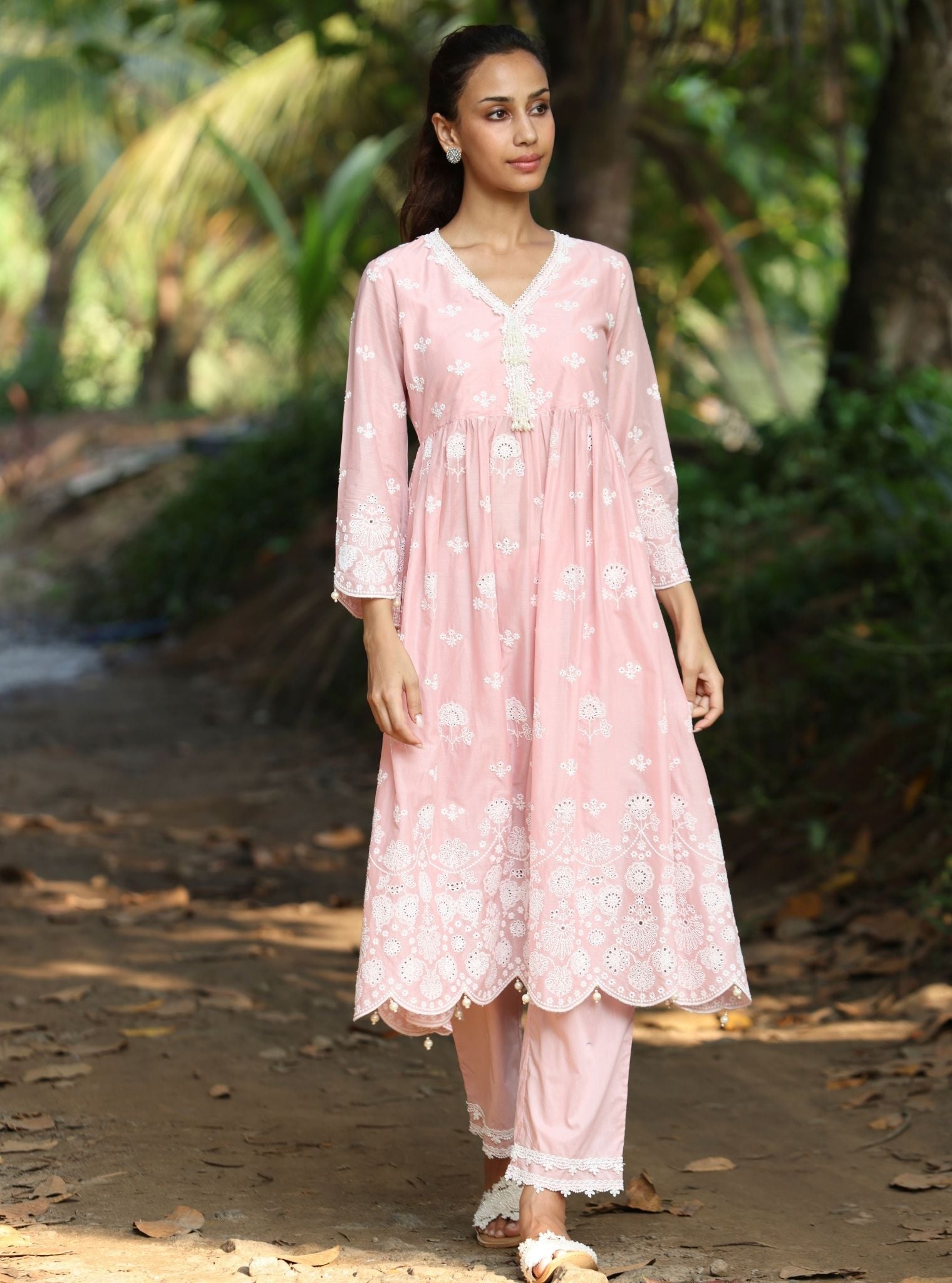 Nilan Supima Cotton Light Pink Anarkali Kurta Set