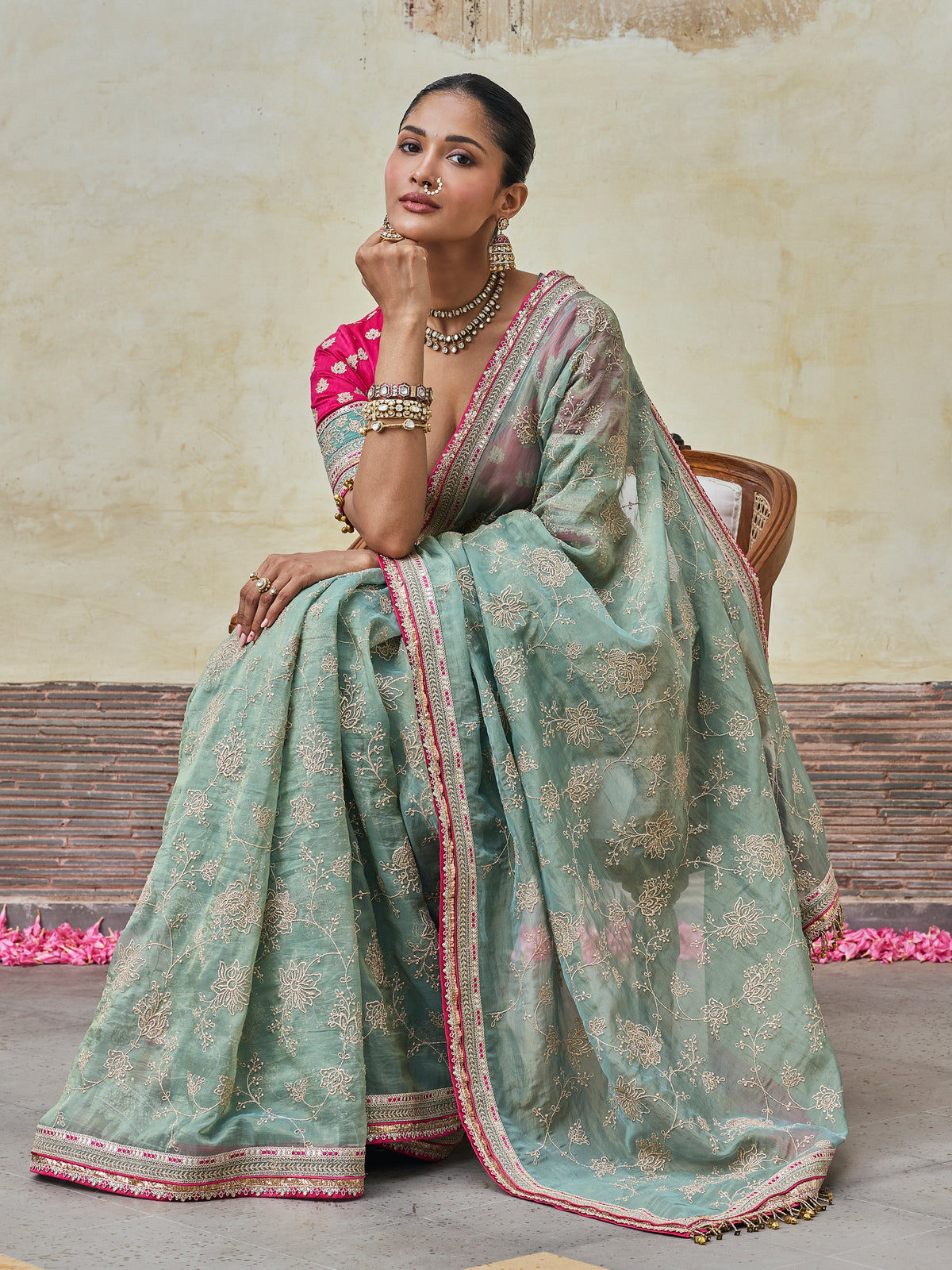 Parthi Lurex Organza Teal Saree with Raw Silk Blouse