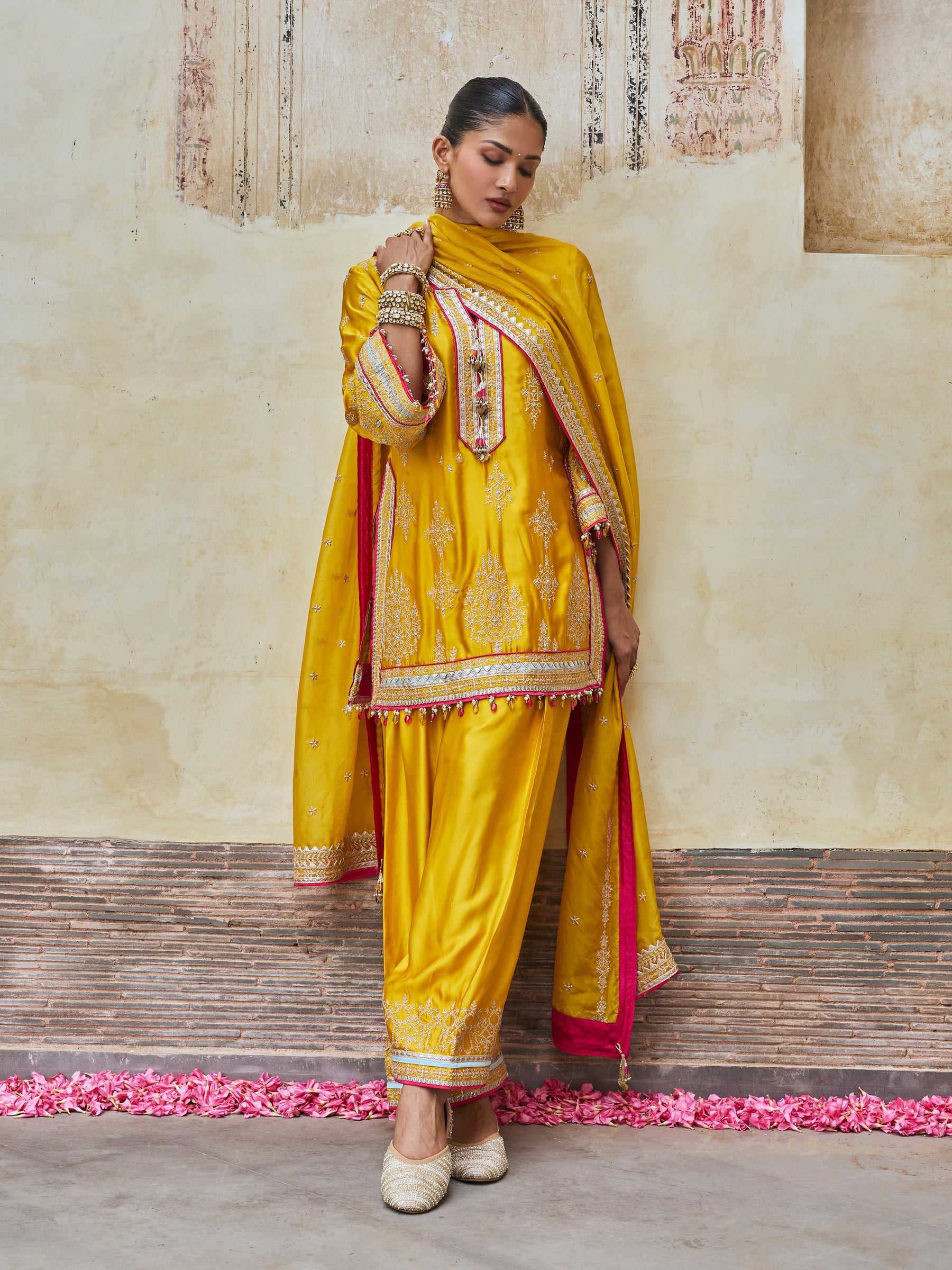 Jaani Cupro Satin Mustard Kurta Set