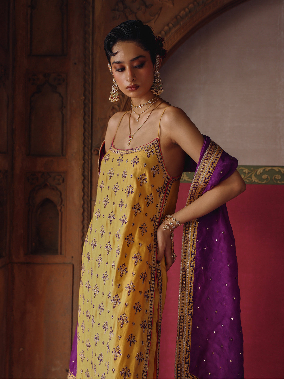 Tori Pima Satin Mustard Strappy Long Kurta Set