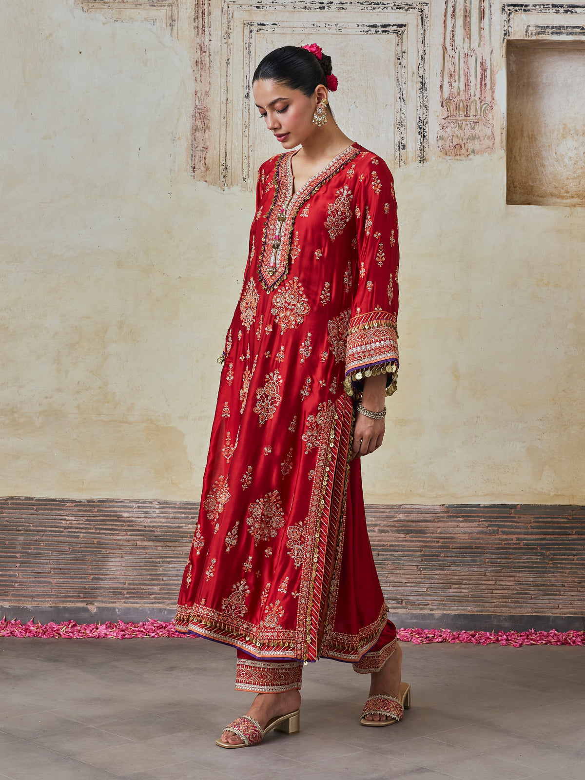 Koyal Cupro Satin Red Kaftan Set