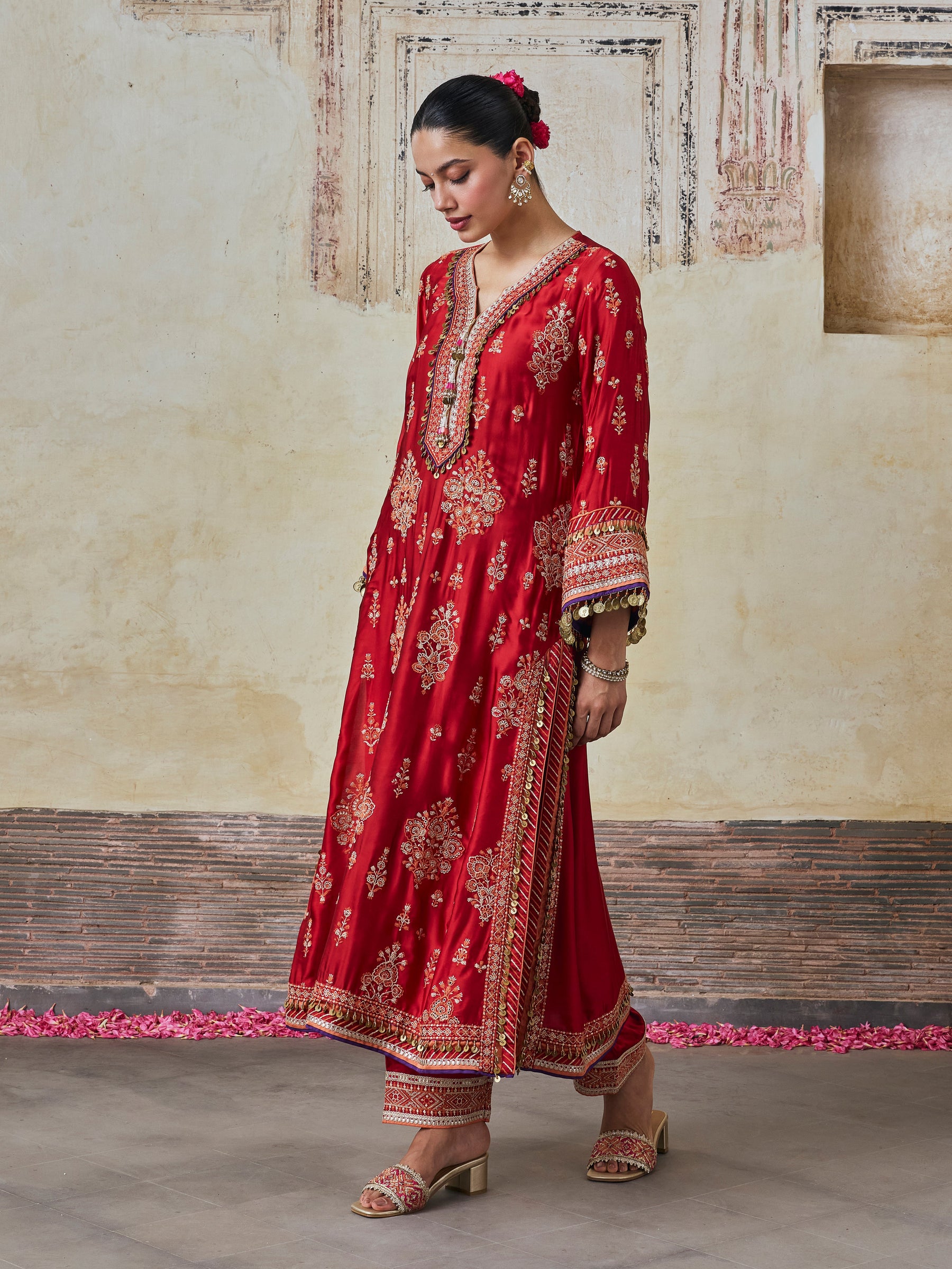 Koyal Cupro Satin Red Kaftan Set