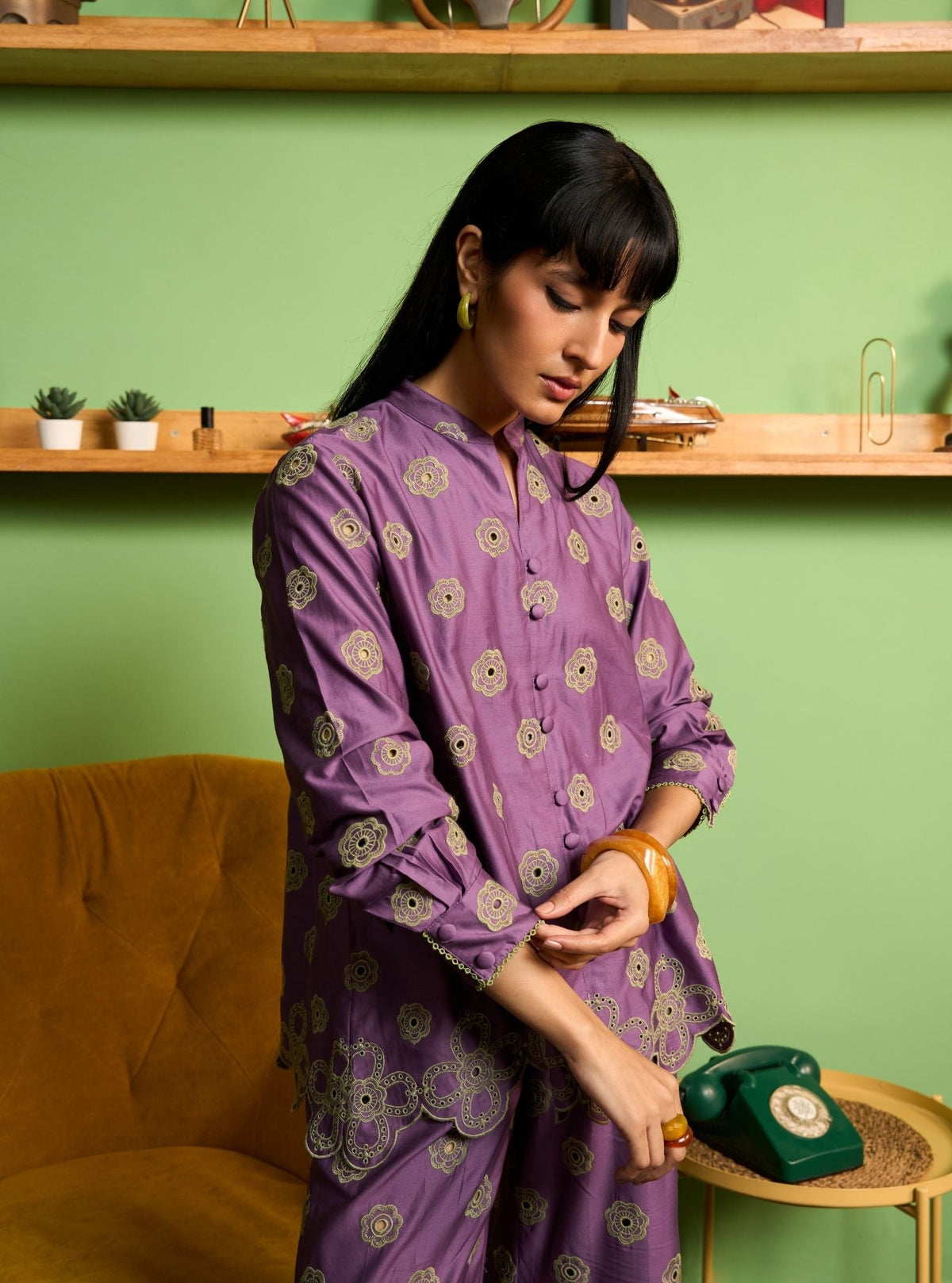 Zivi Pima Satin Violet Shirt Set