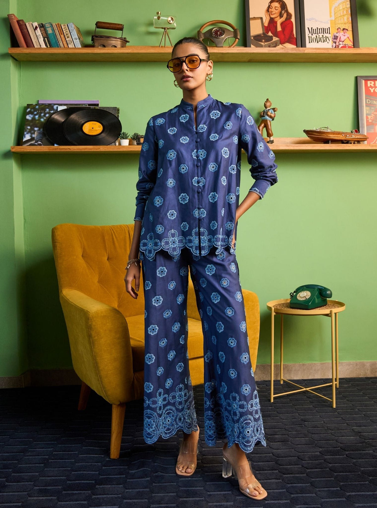 Zivi Pima Satin Navy Shirt Set