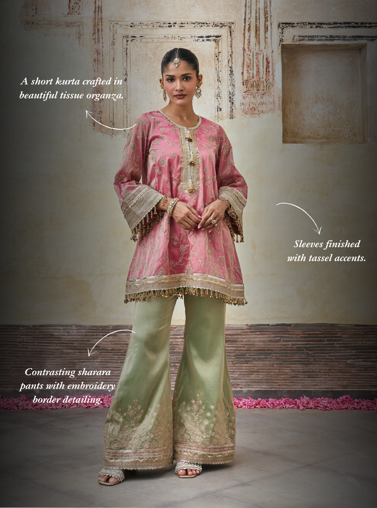 Odhira Tissue Organza Fuchsia & Green Sharara Set