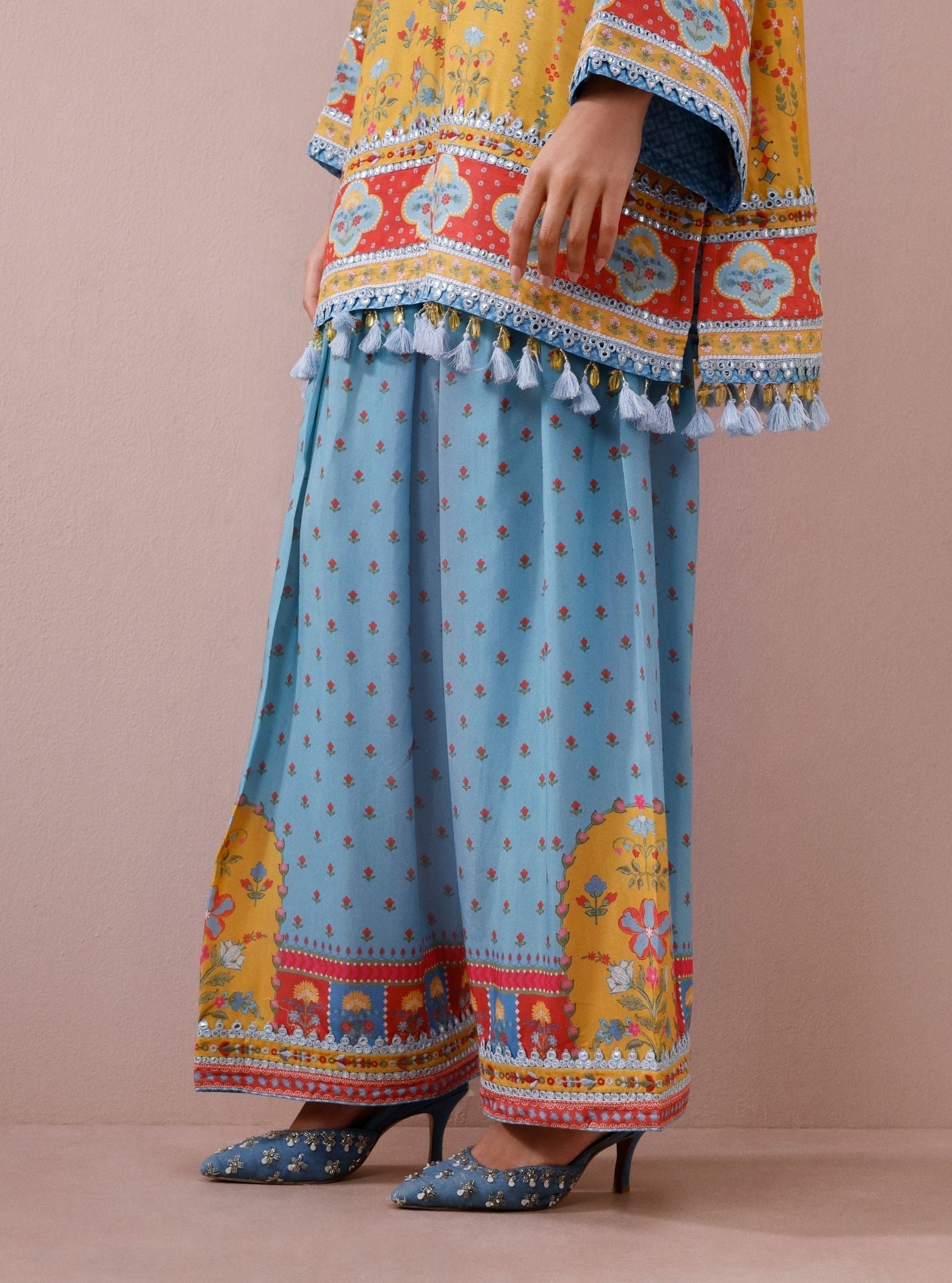 Zariya Lawn Printed Yellow & Teal Kurta with Farshi Salwar