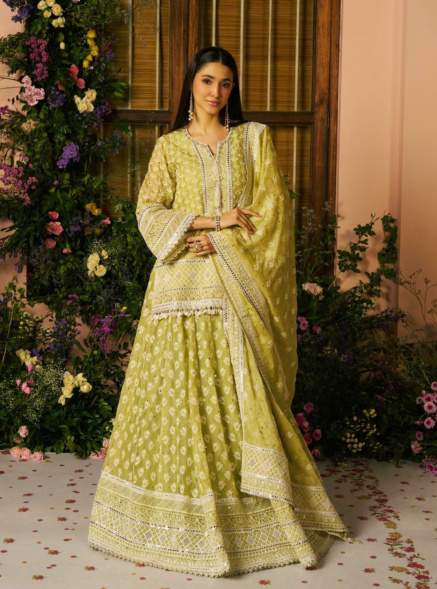 Kilol Organza Lime Kurta & Lehenga Set