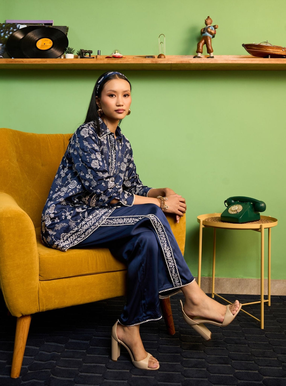 Zuvina Cupro Satin Navy Shirt Set