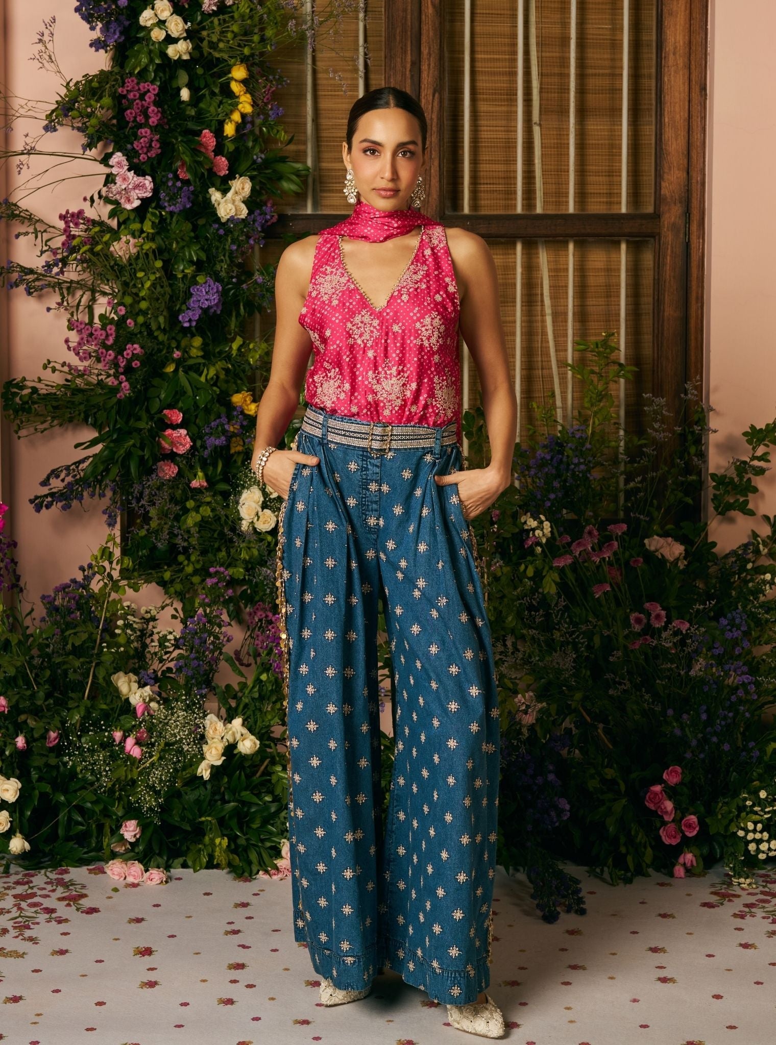 Sajhvi Cupro Satin Fuchsia Top & Denim Pleated Pant