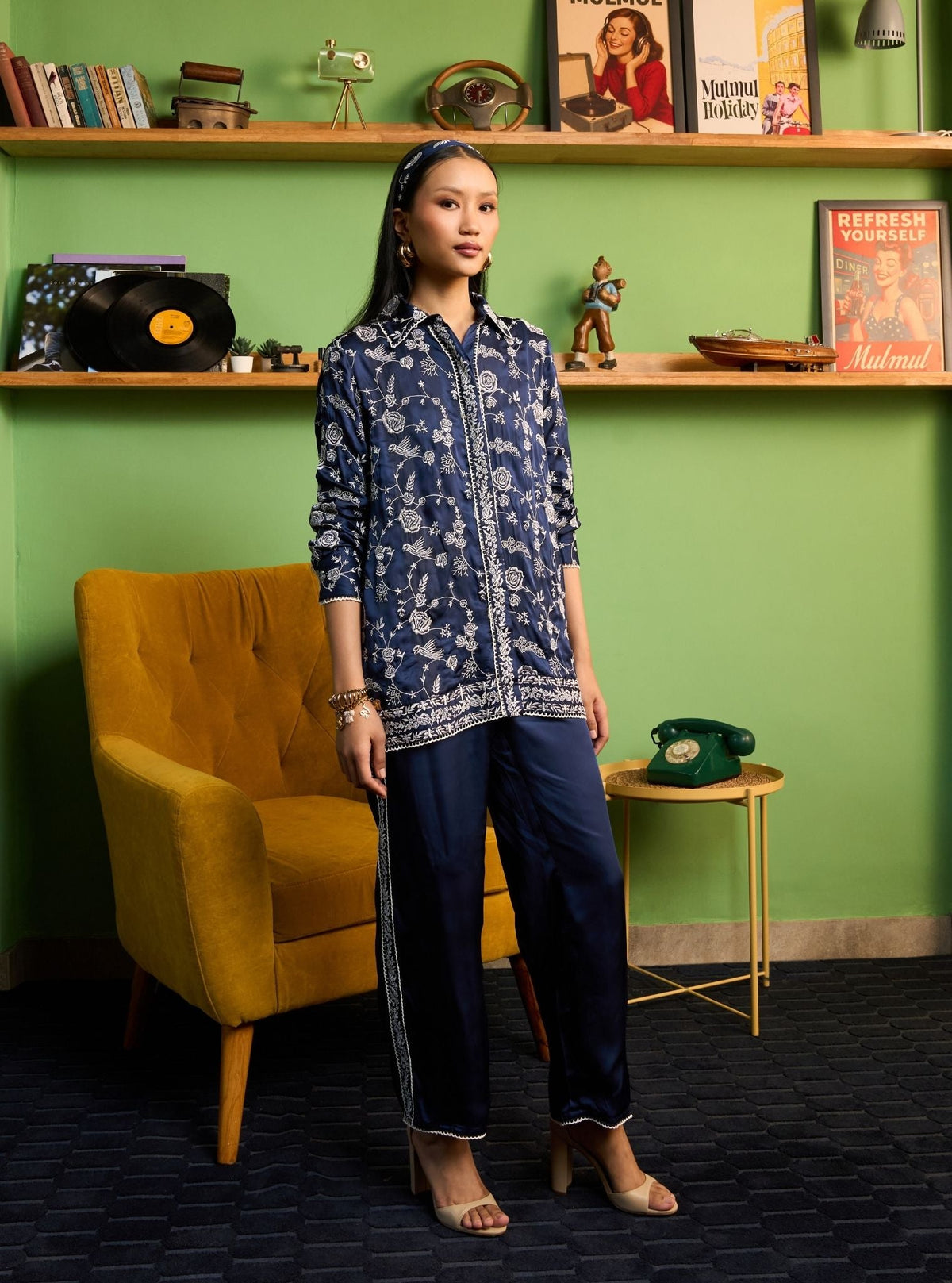 Zuvina Cupro Satin Navy Shirt Set