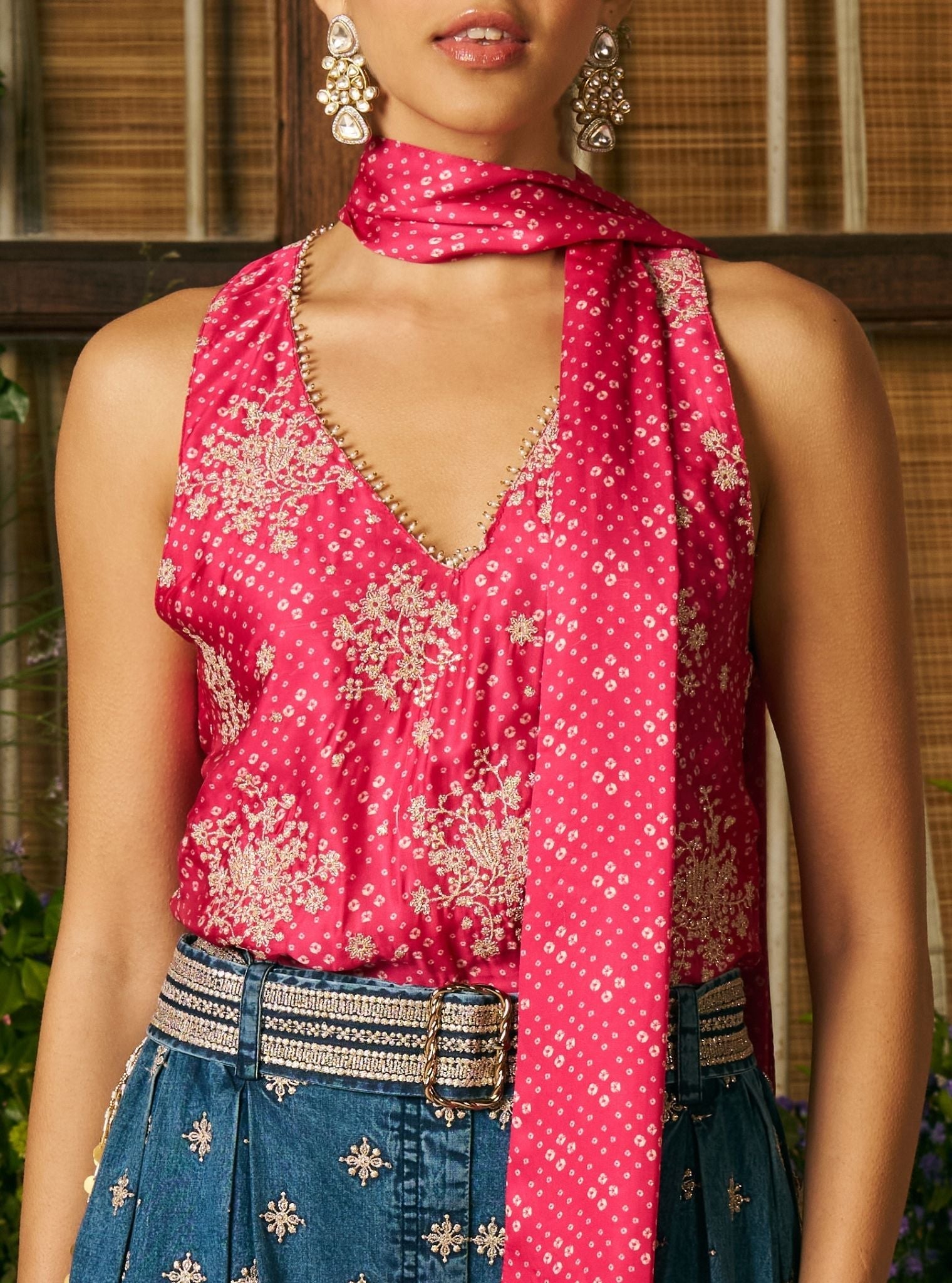 Sajhvi Cupro Satin Fuchsia Top & Denim Pleated Pant