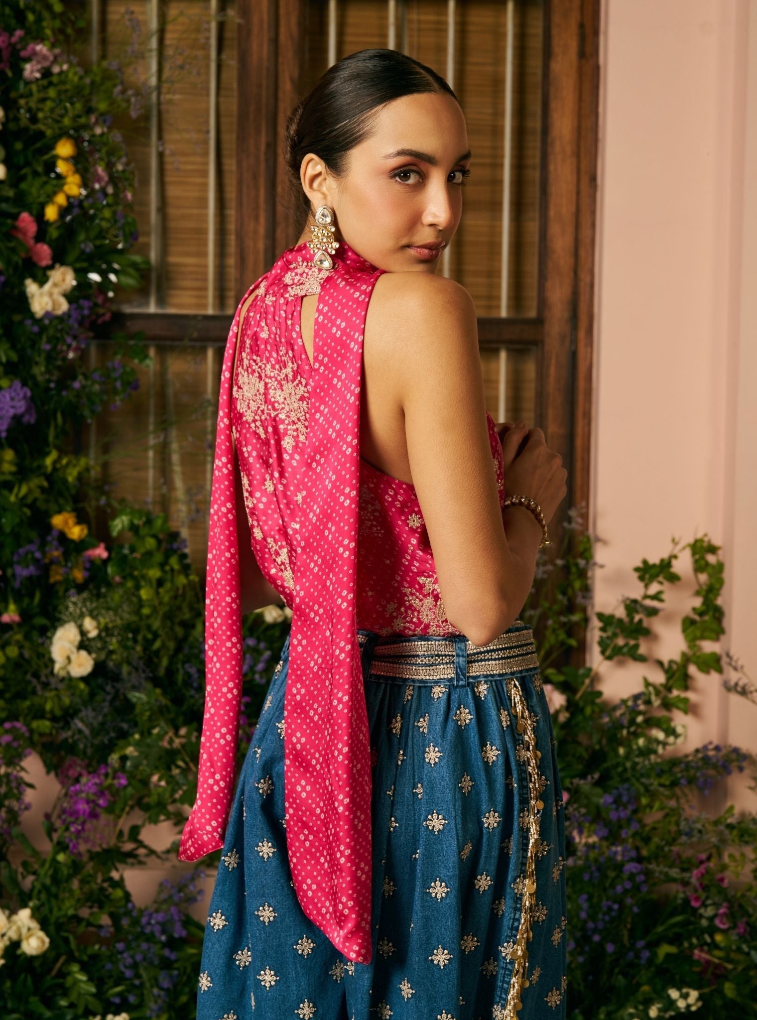 Sajhvi Cupro Satin Fuchsia Top & Denim Pleated Pant