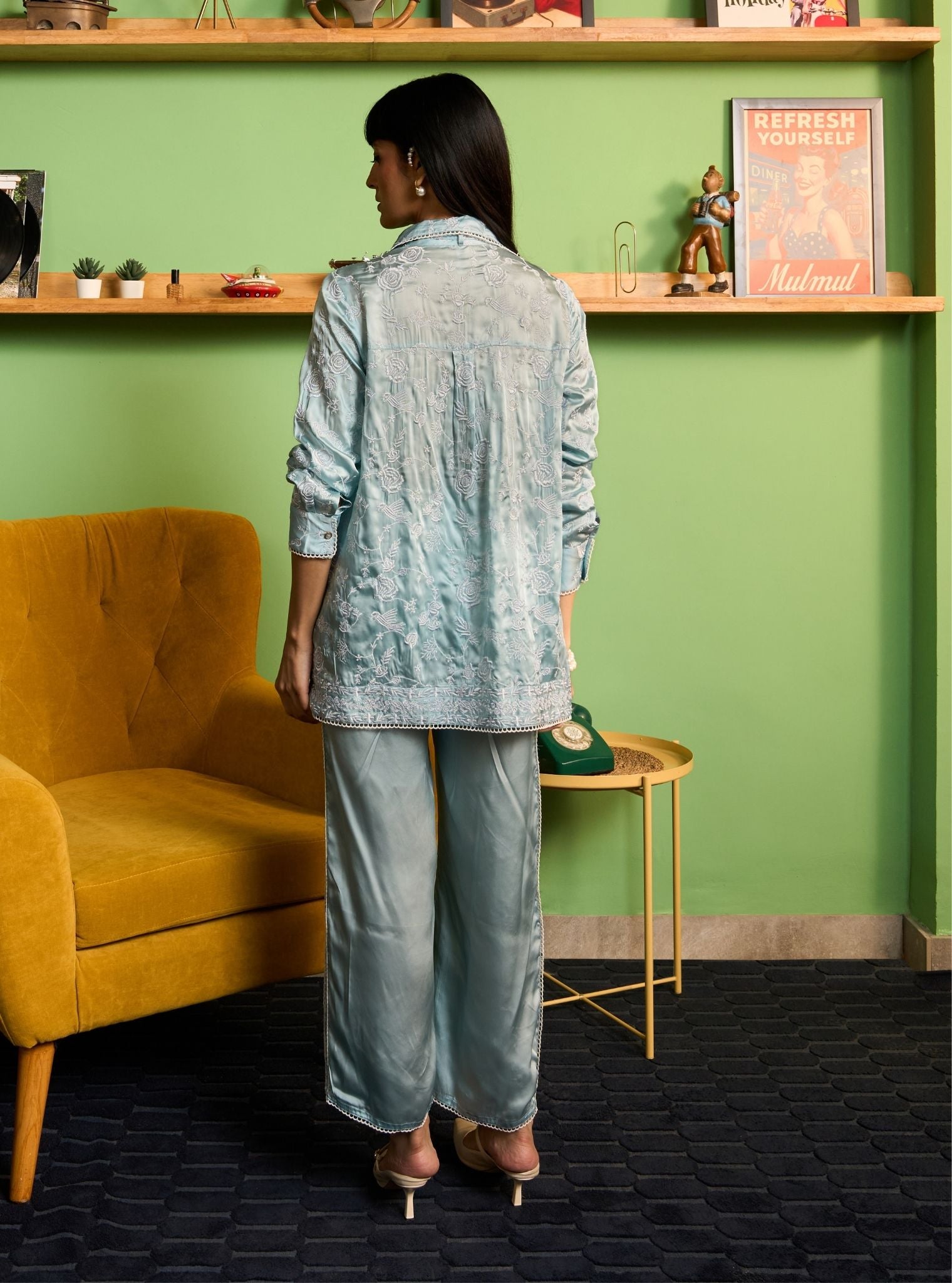 Zuvina Cupro Satin Blue Shirt Set