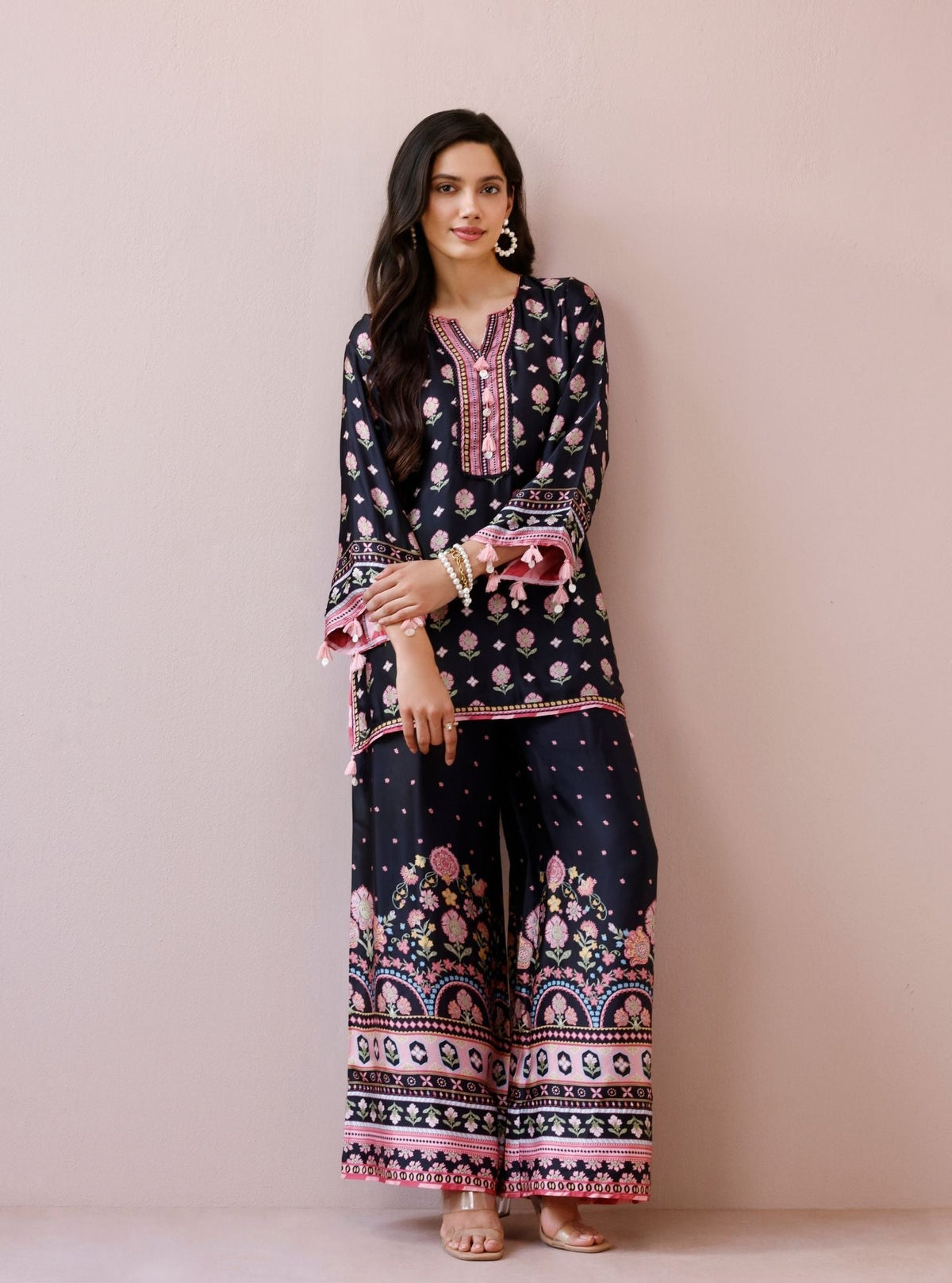 Vela Cupro Satin Printed Black Co-ord Set