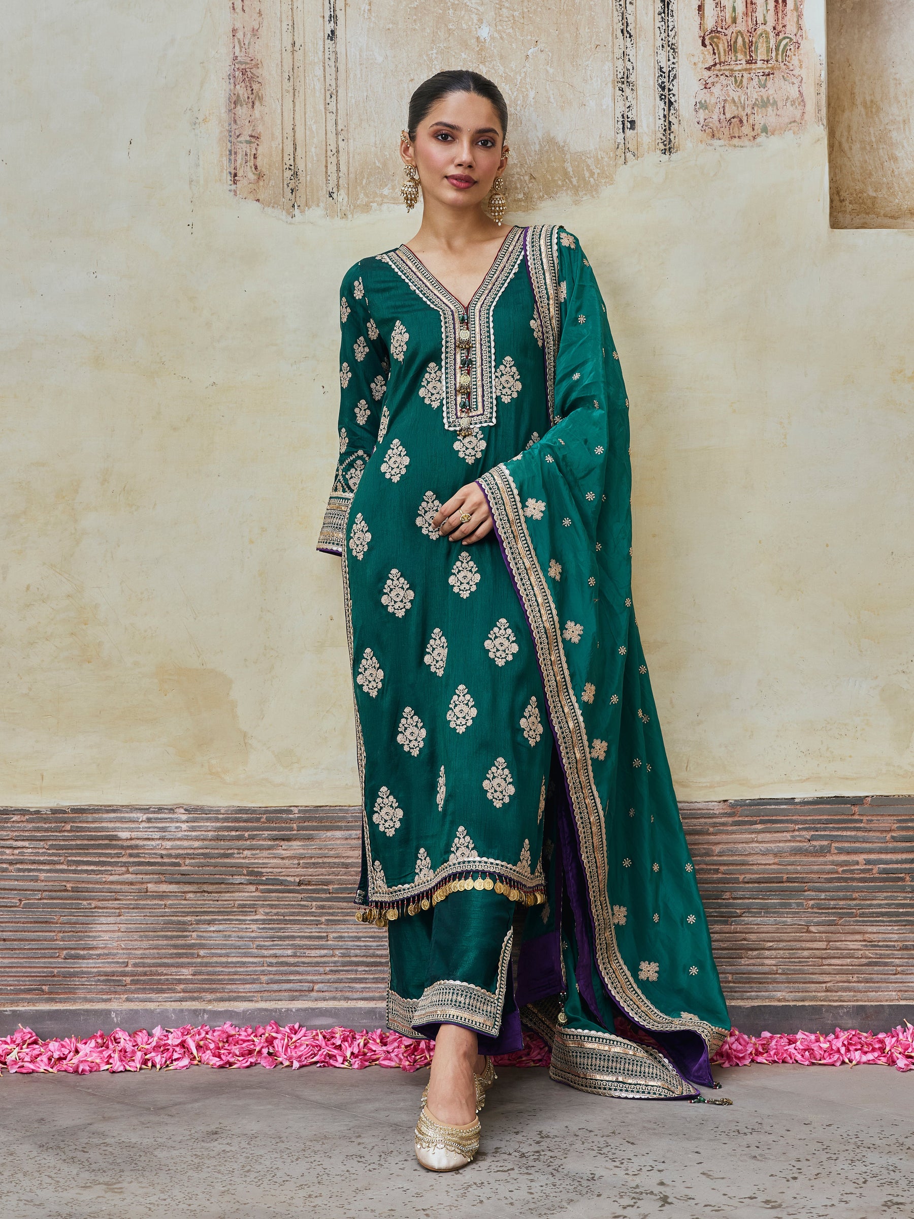 Bairi Bemberg Raw Silk Emerald Green Kurta Set