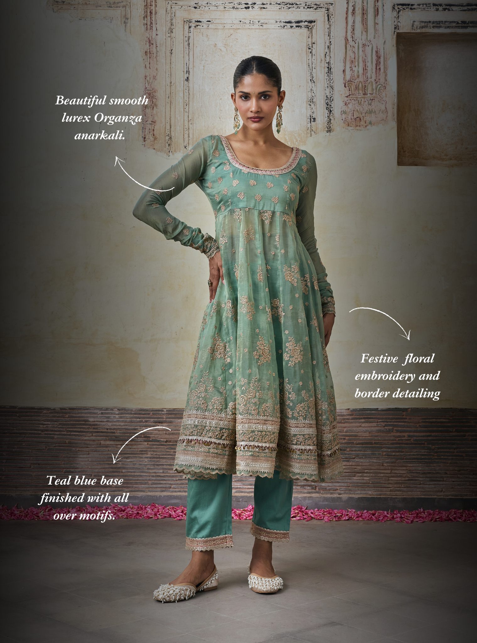 Dhwani Lurex Organza Teal Blue Anarkali Set