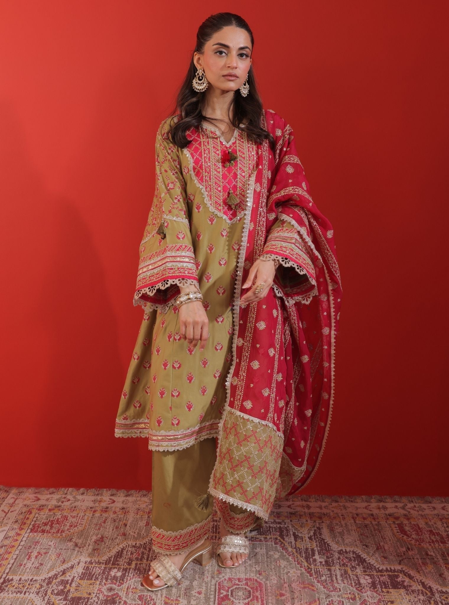 Mulmul Pima Satin Bandhan Green Kurta With Mulmul Pima Satin Bandhan Green Pant