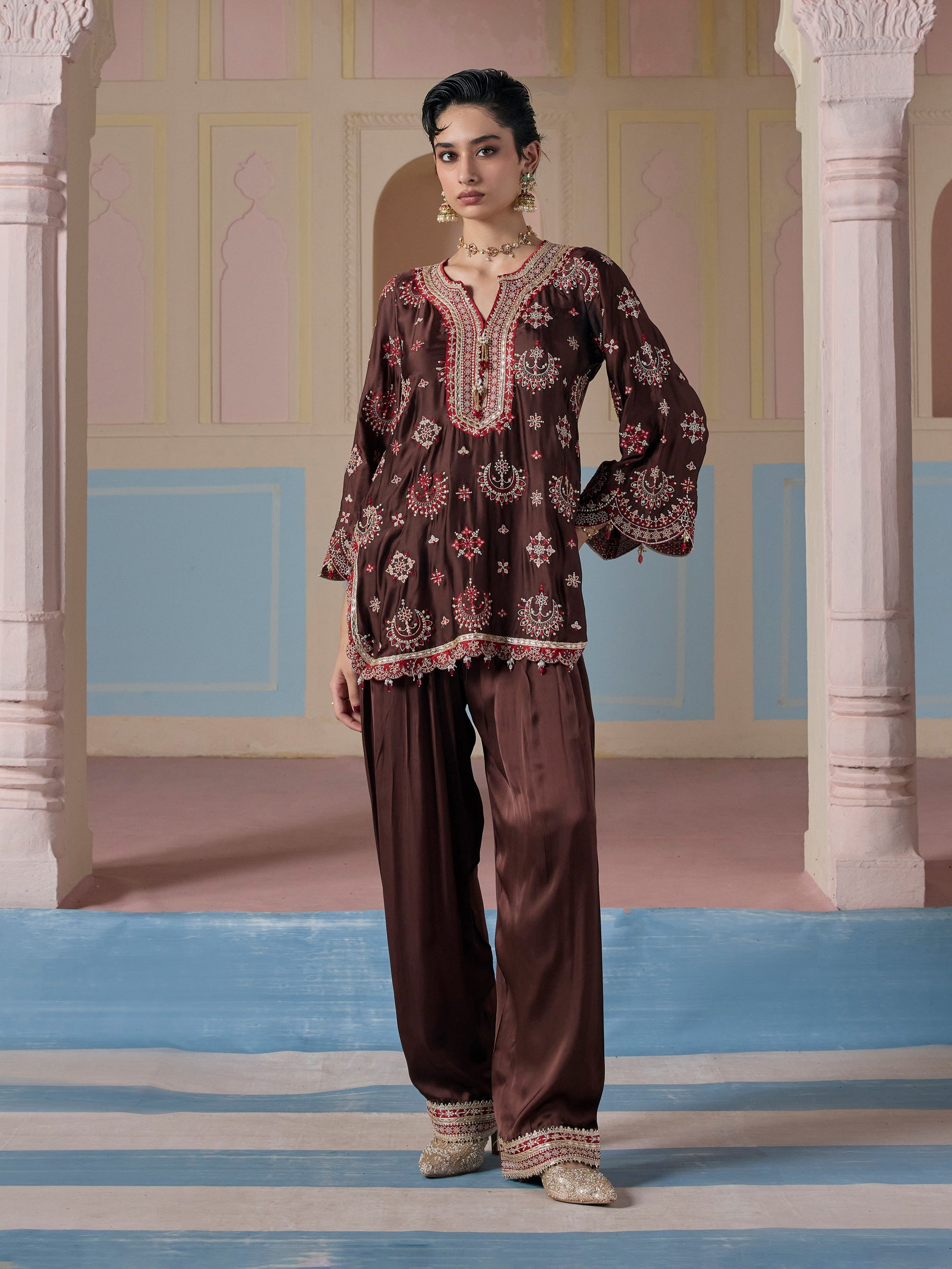 Jori Cupro Satin Brown Kurta With Farshi Salwar
