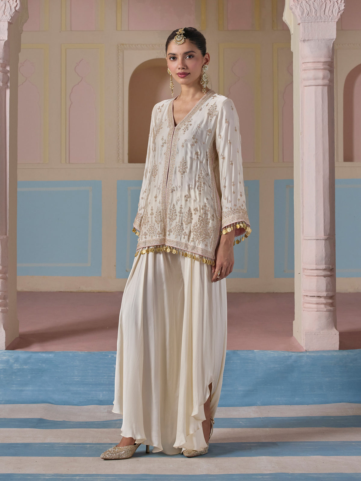 Laado Cupro Satin Off White Kurta with Draped Pants