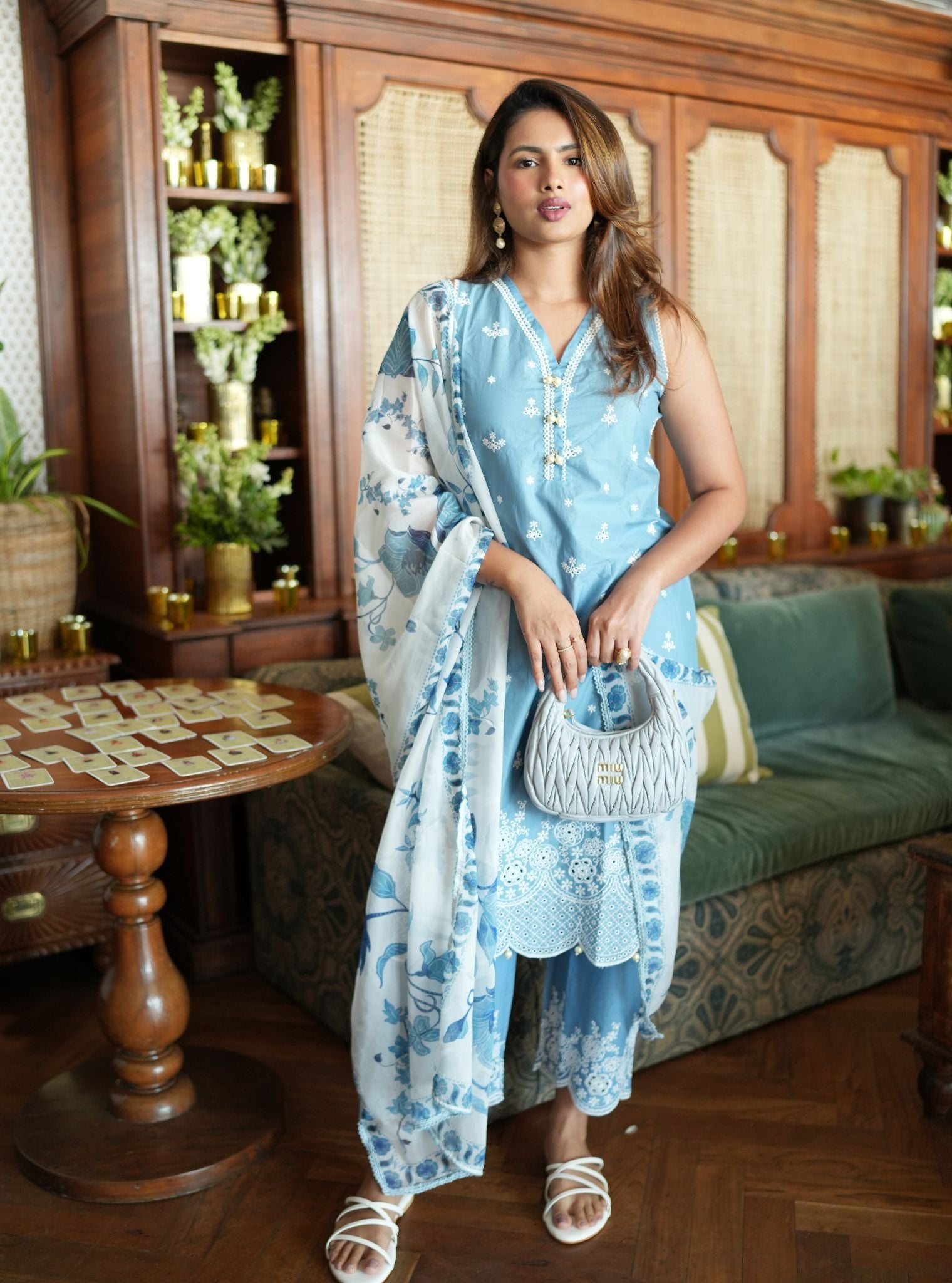 Mulmul Cotton Kora Denim Kurta With Mulmul Cotton Kora Denim Pant