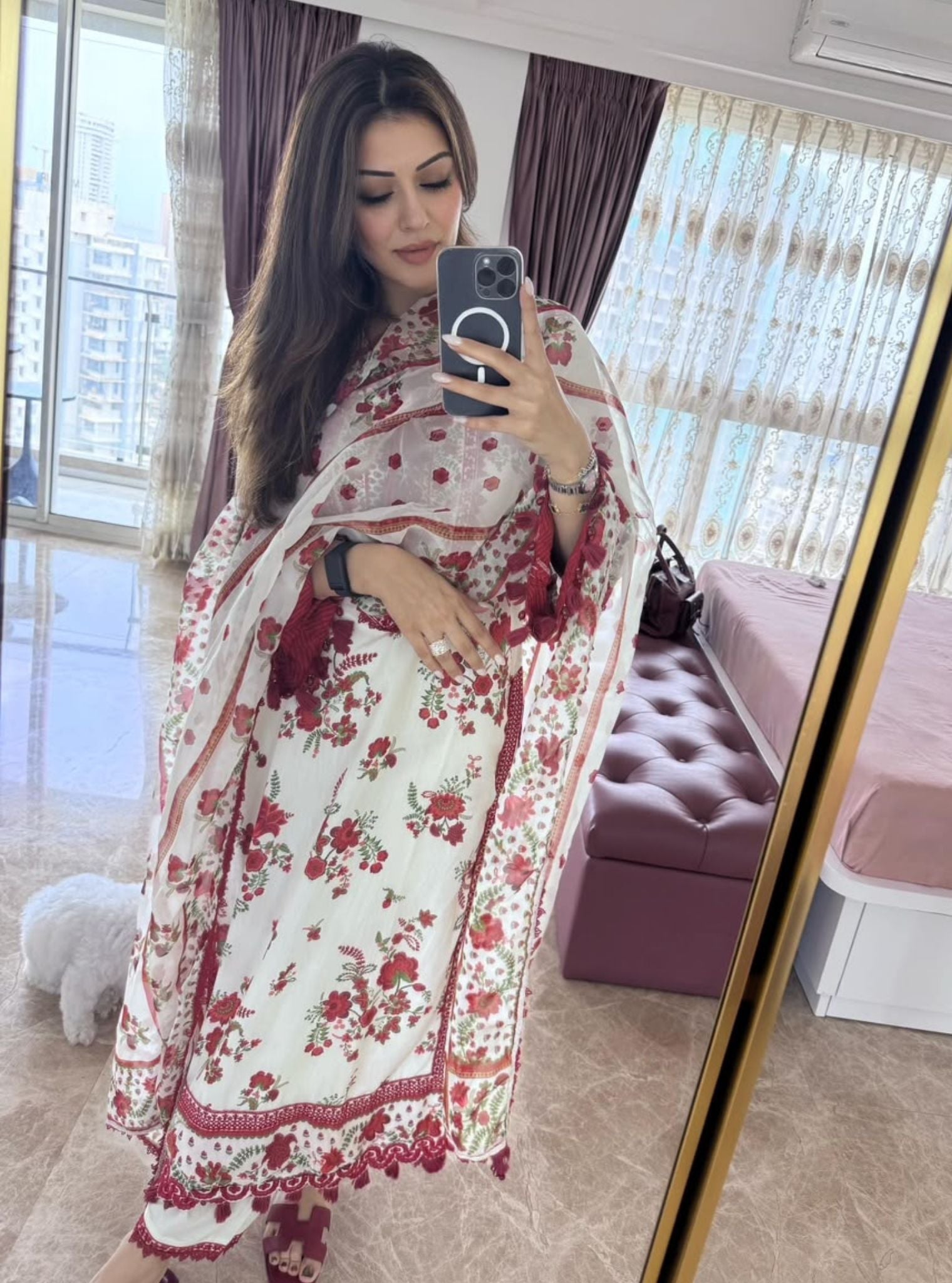 Suvi Lawn Printed Red Kurta Set