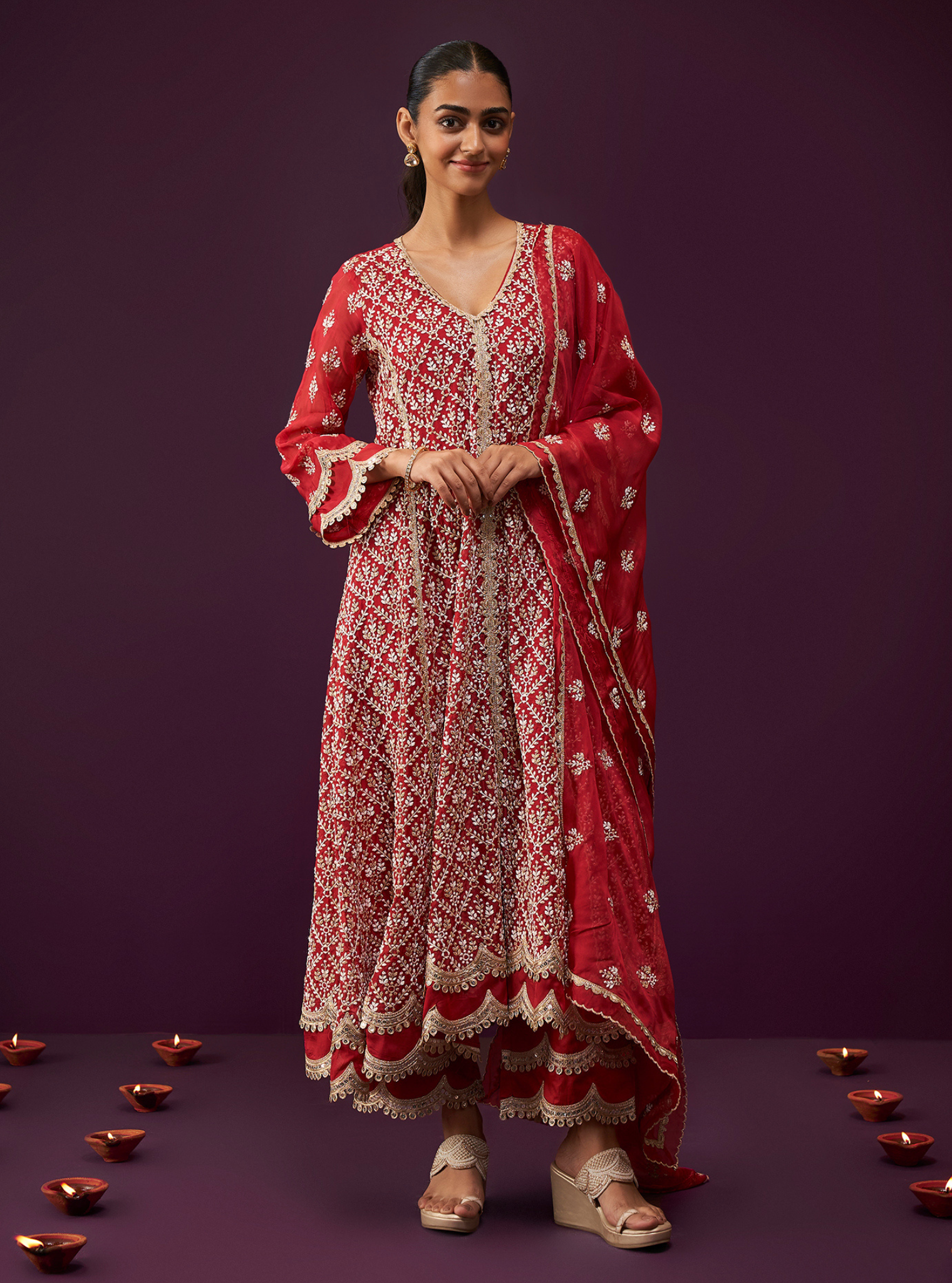 Kwanjal Organza Red Kurta Set
