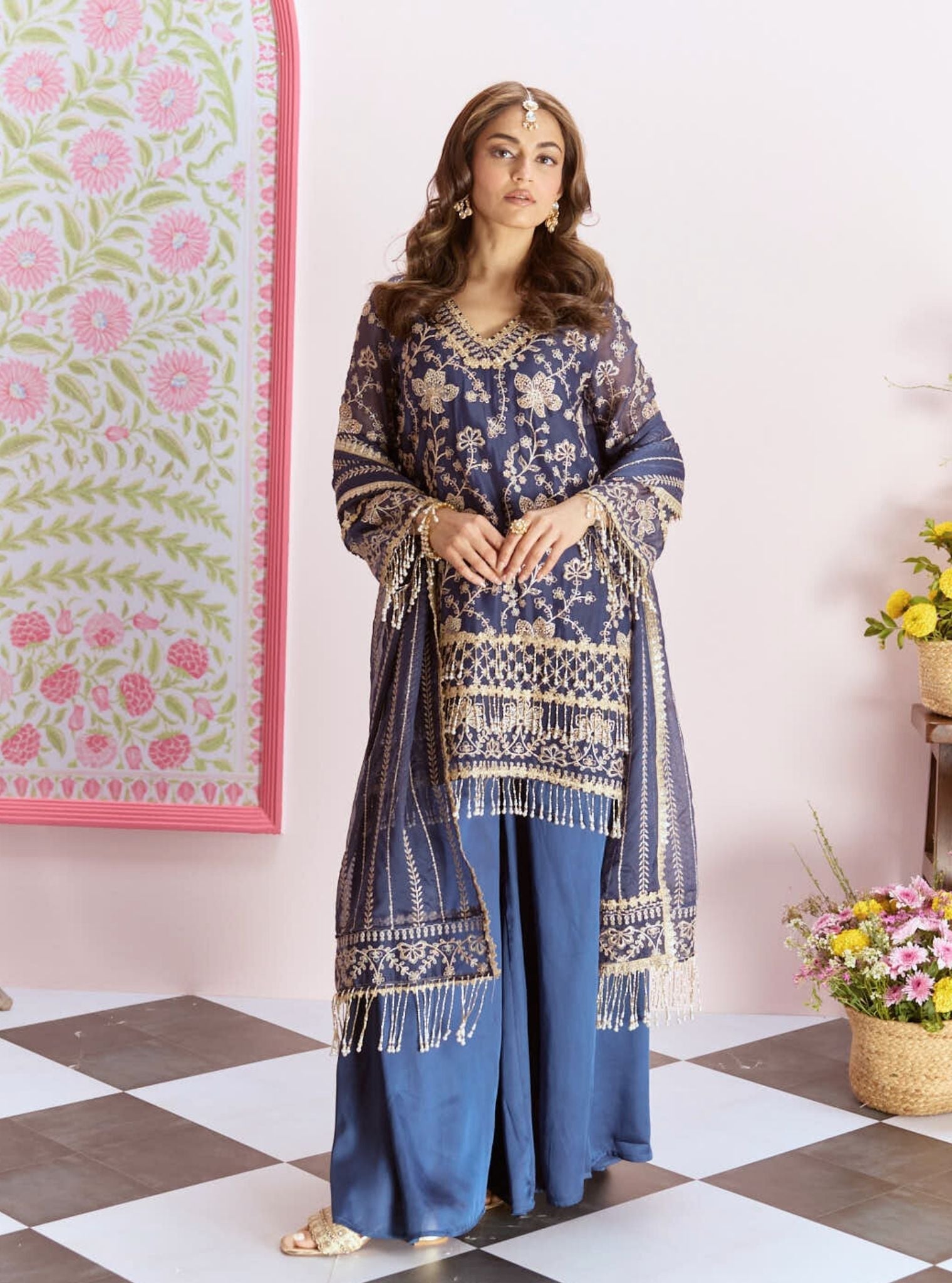Mulmul Organza Raag Navy Kurta With Mulmul Cupro Satin Raag Navy Sharara