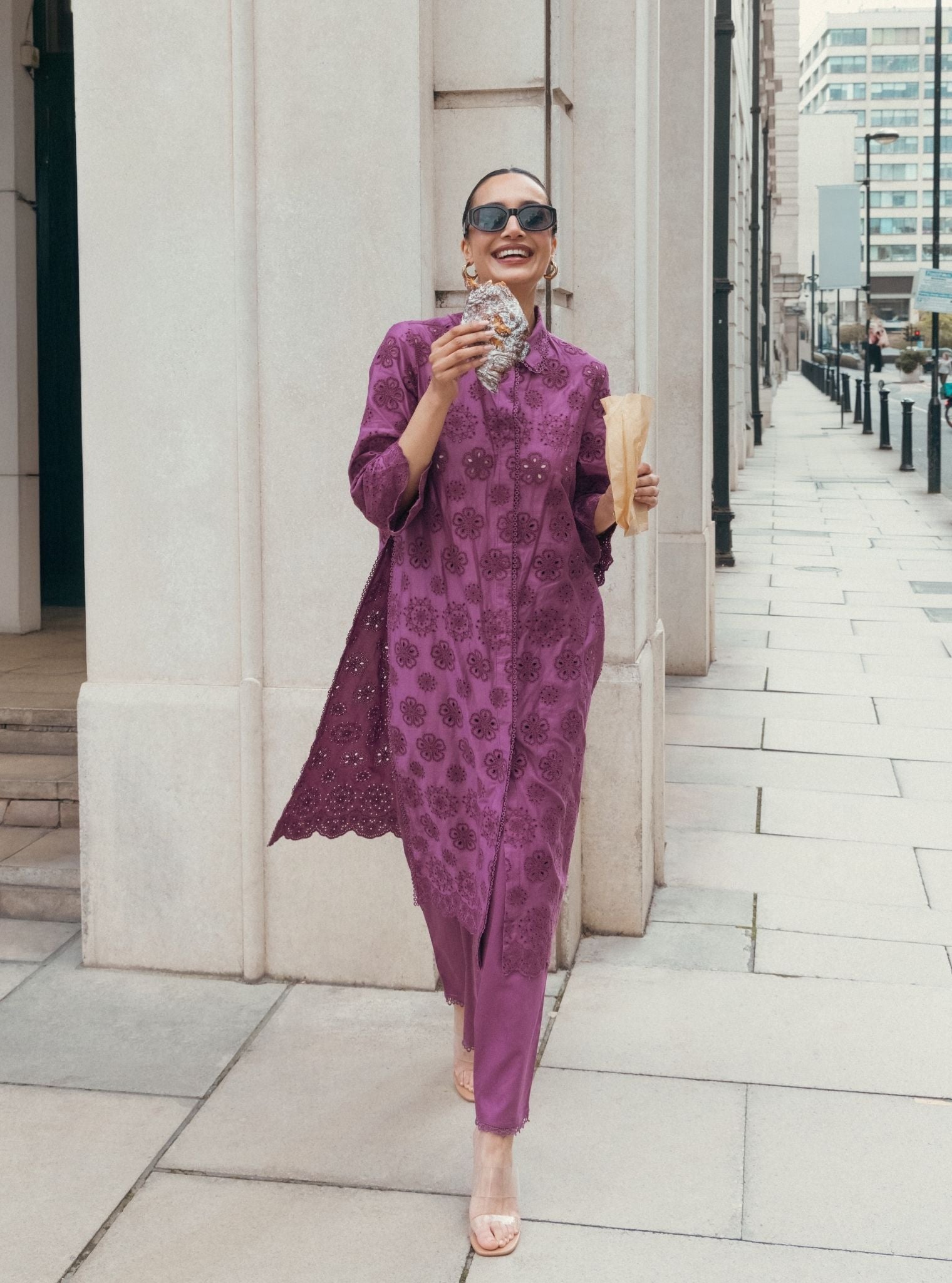 Harriet Pima Satin Grape Long shirt co-ord set