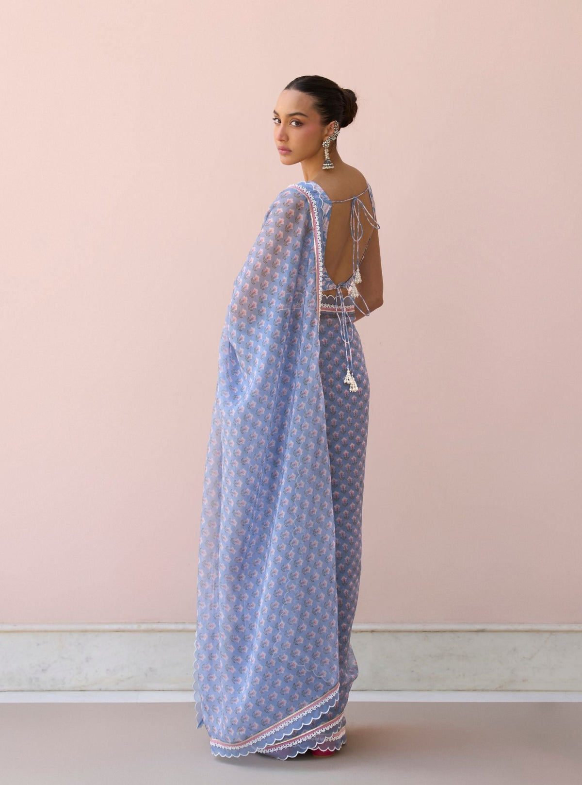 Clarimond Steel Blue Printed Organza Saree