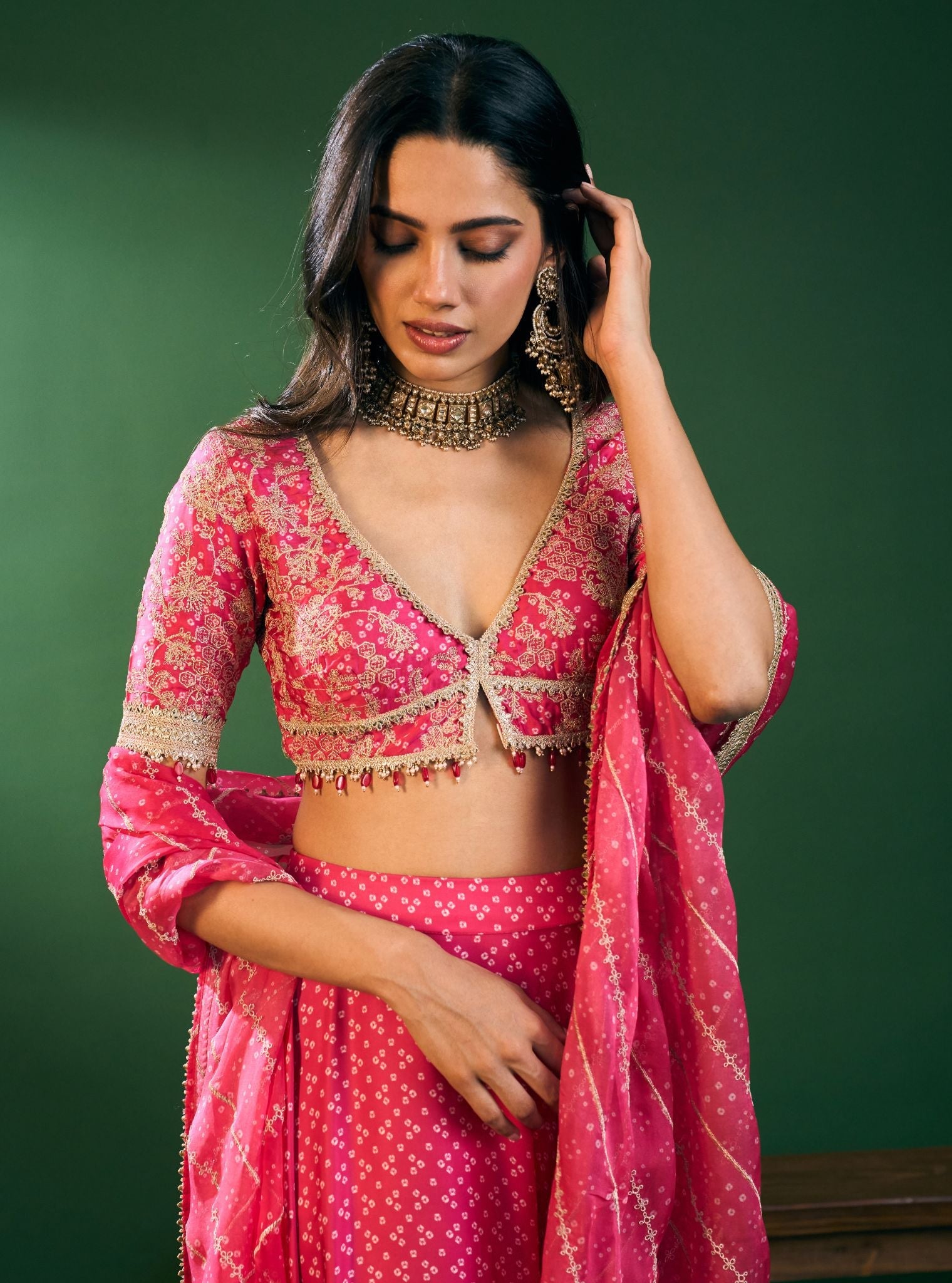 Kuni Cupro Satin Printed Fuschia Skirt Set