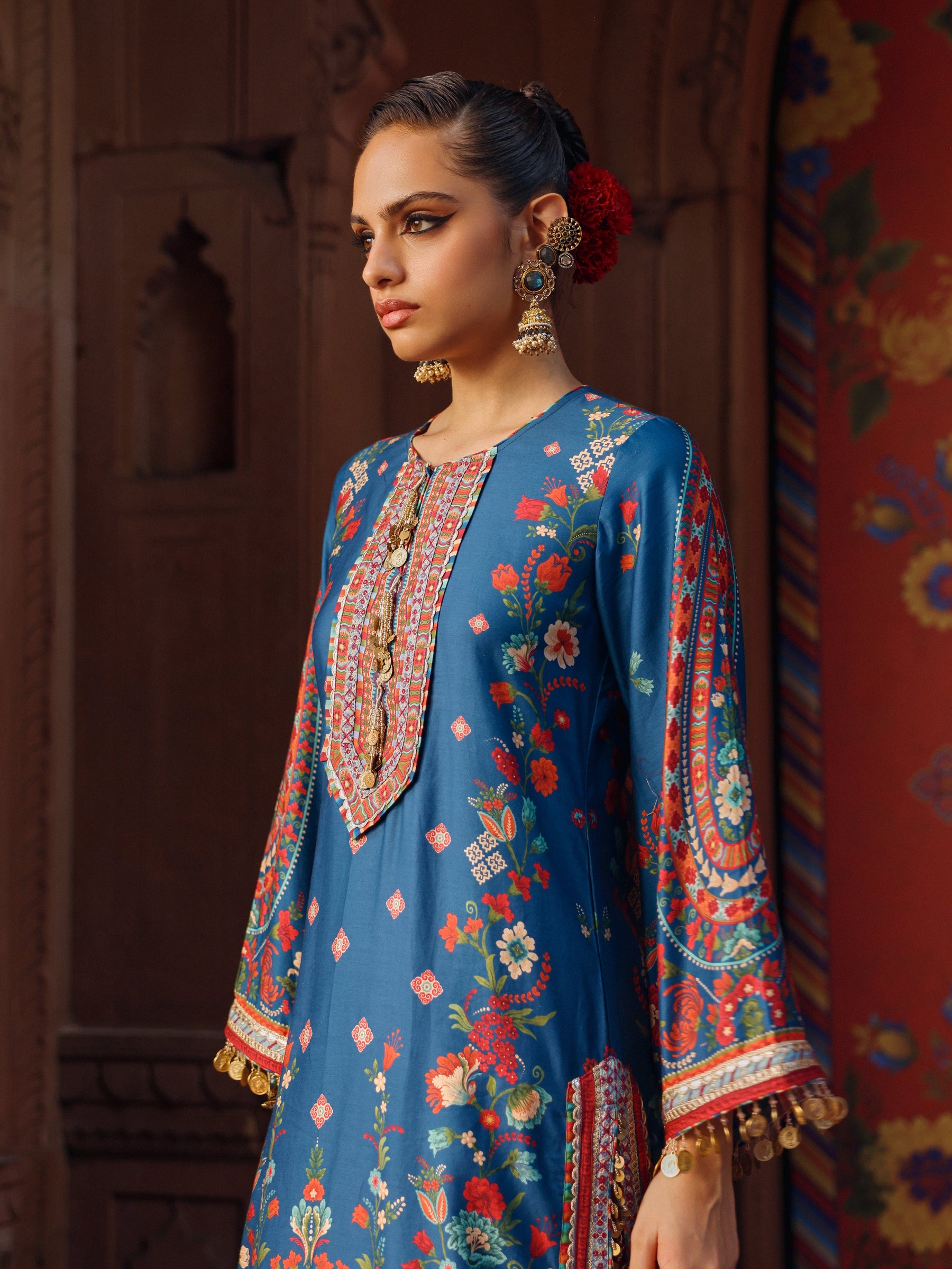 Sangi Pima Satin Printed Navy Long Kurta Set