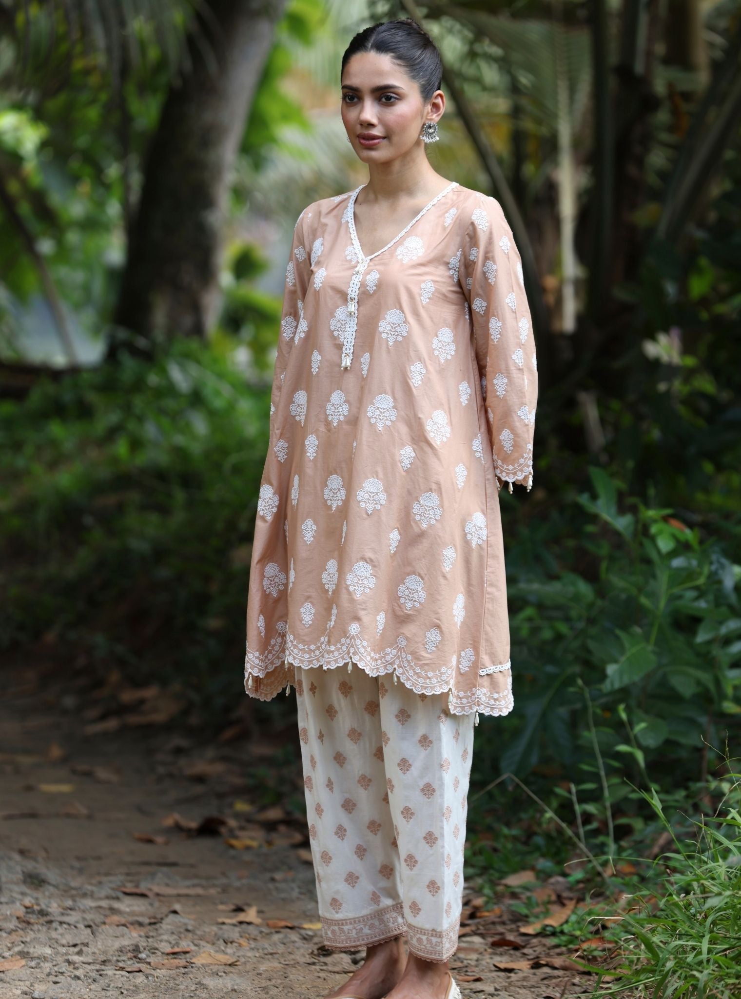Mulmul Cotton Abana Caramel Brown Kurta With Mulmul Cotton Abana White + Caramel Brown Salwar