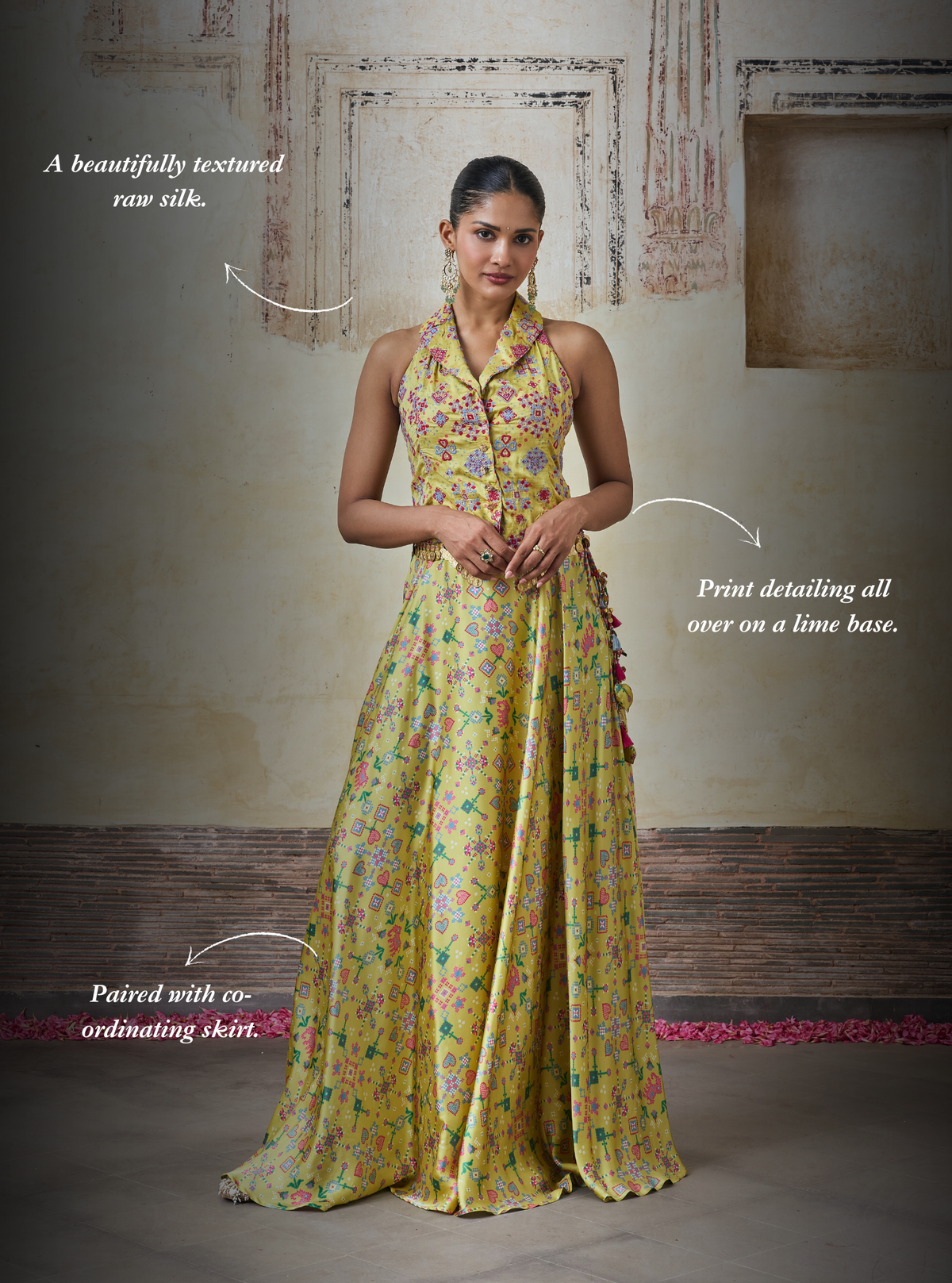 Sarangni Bemberg Raw Silk Printed Lime Waistcoat & Skirt Set